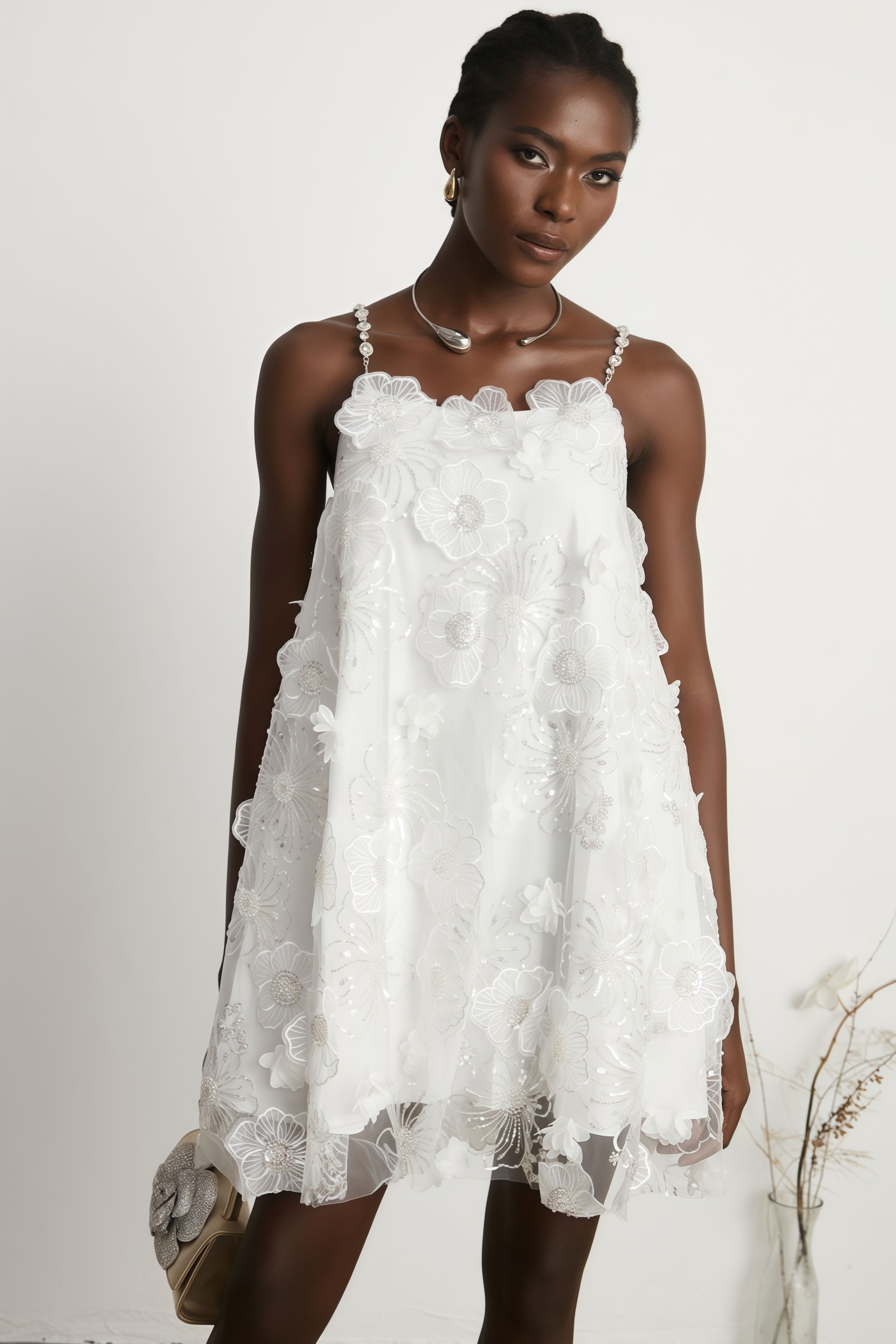 Darirke White Flower Sequin Mesh Mini Dress
