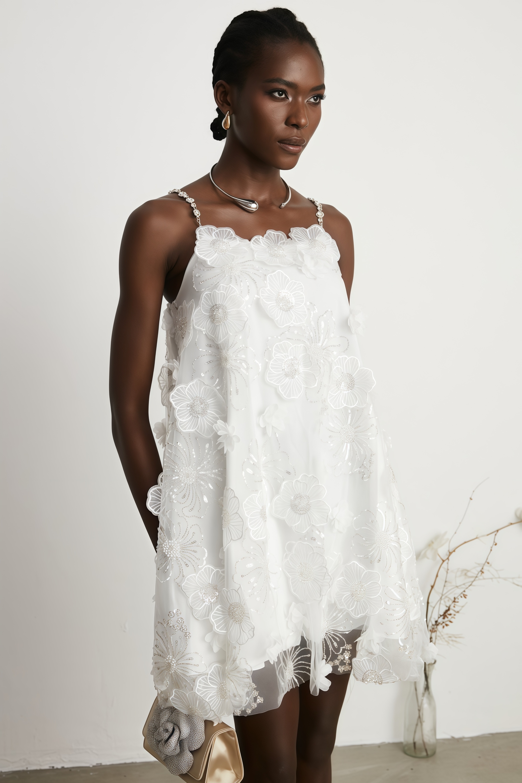 Darirke White Flower Sequin Mesh Mini Dress
