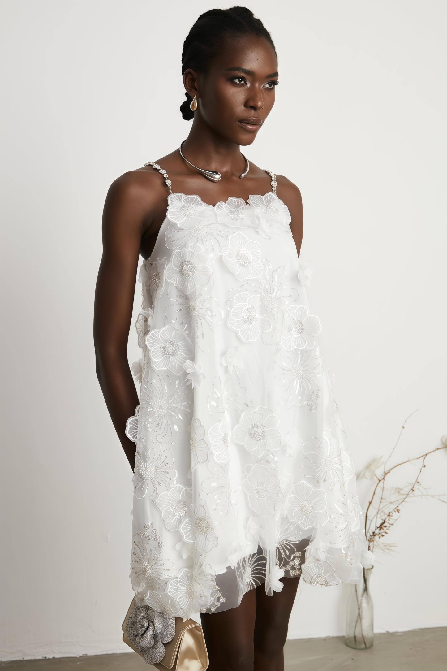 Darirke White Flower Sequin Mesh Mini Dress