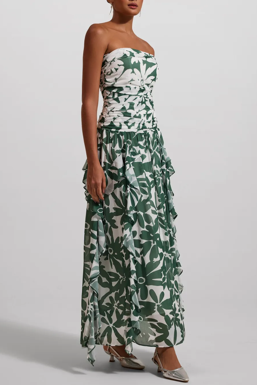 Camellia Floral Ruched Strapless Midi Dress
