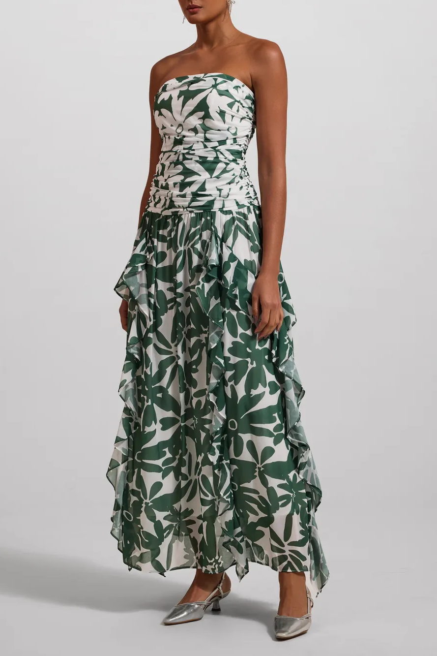 Camellia Floral Ruched Strapless Midi Dress