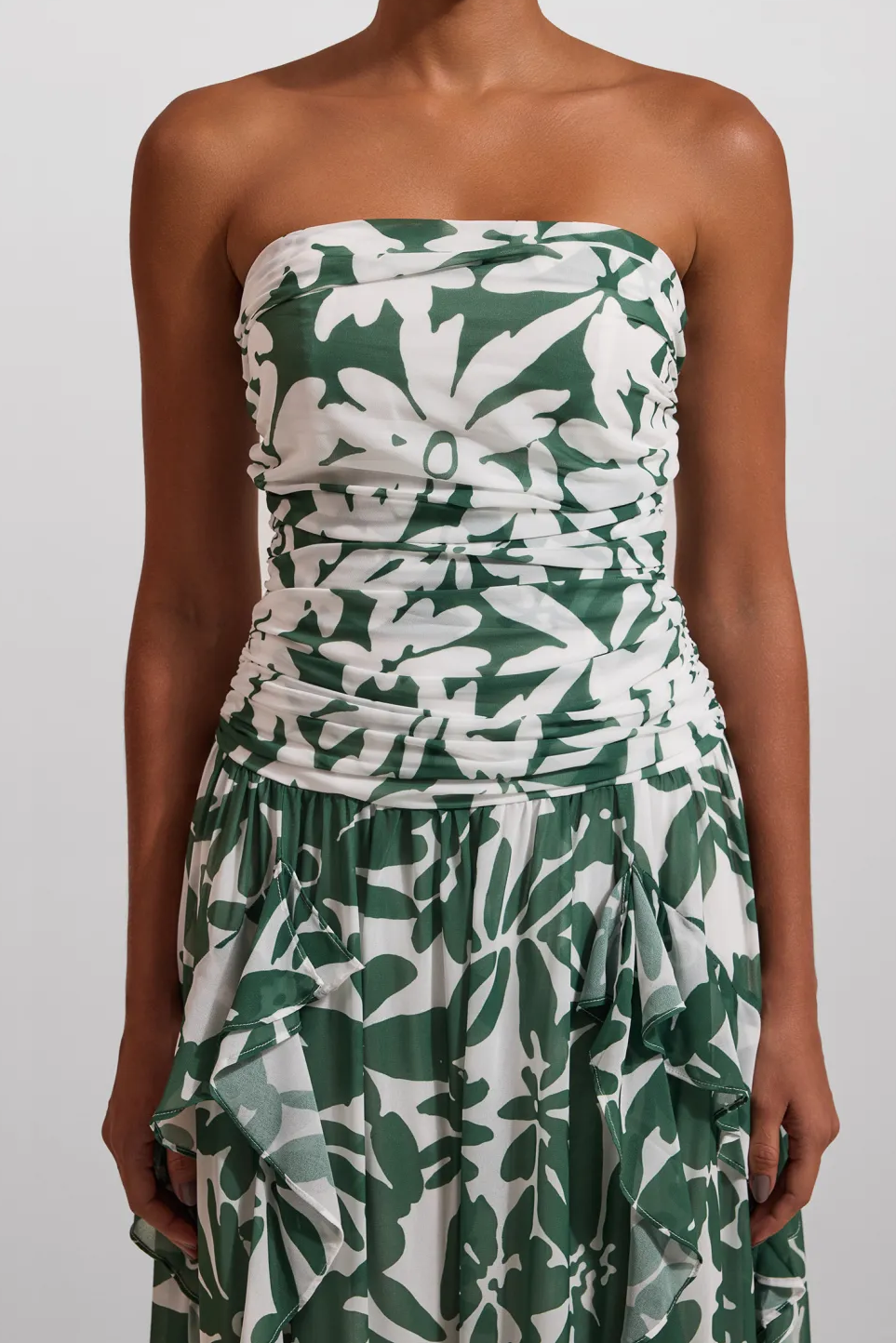 Camellia Floral Ruched Strapless Midi Dress
