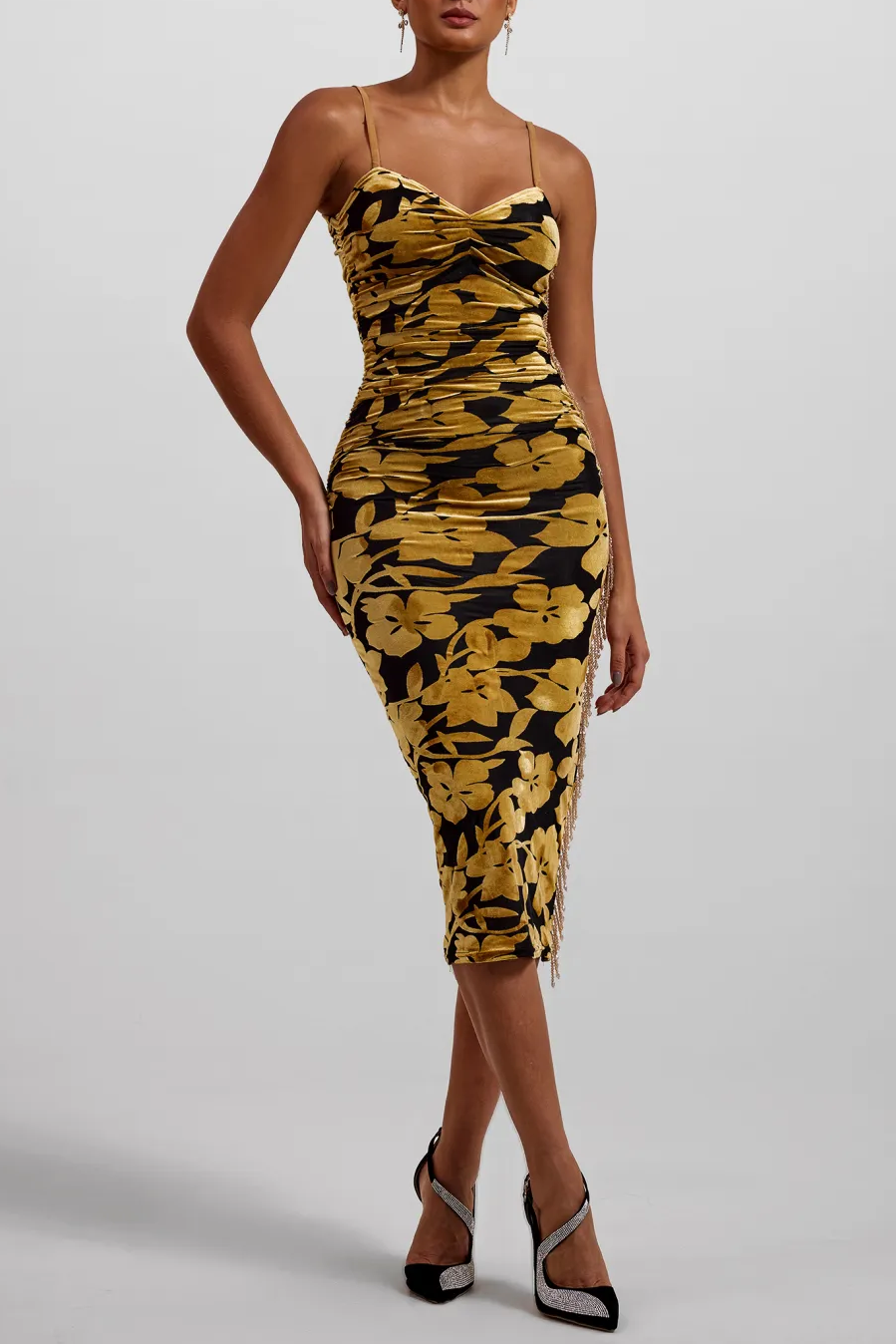 Seraphina Velvet Floral Ruched Slip Midi Dress