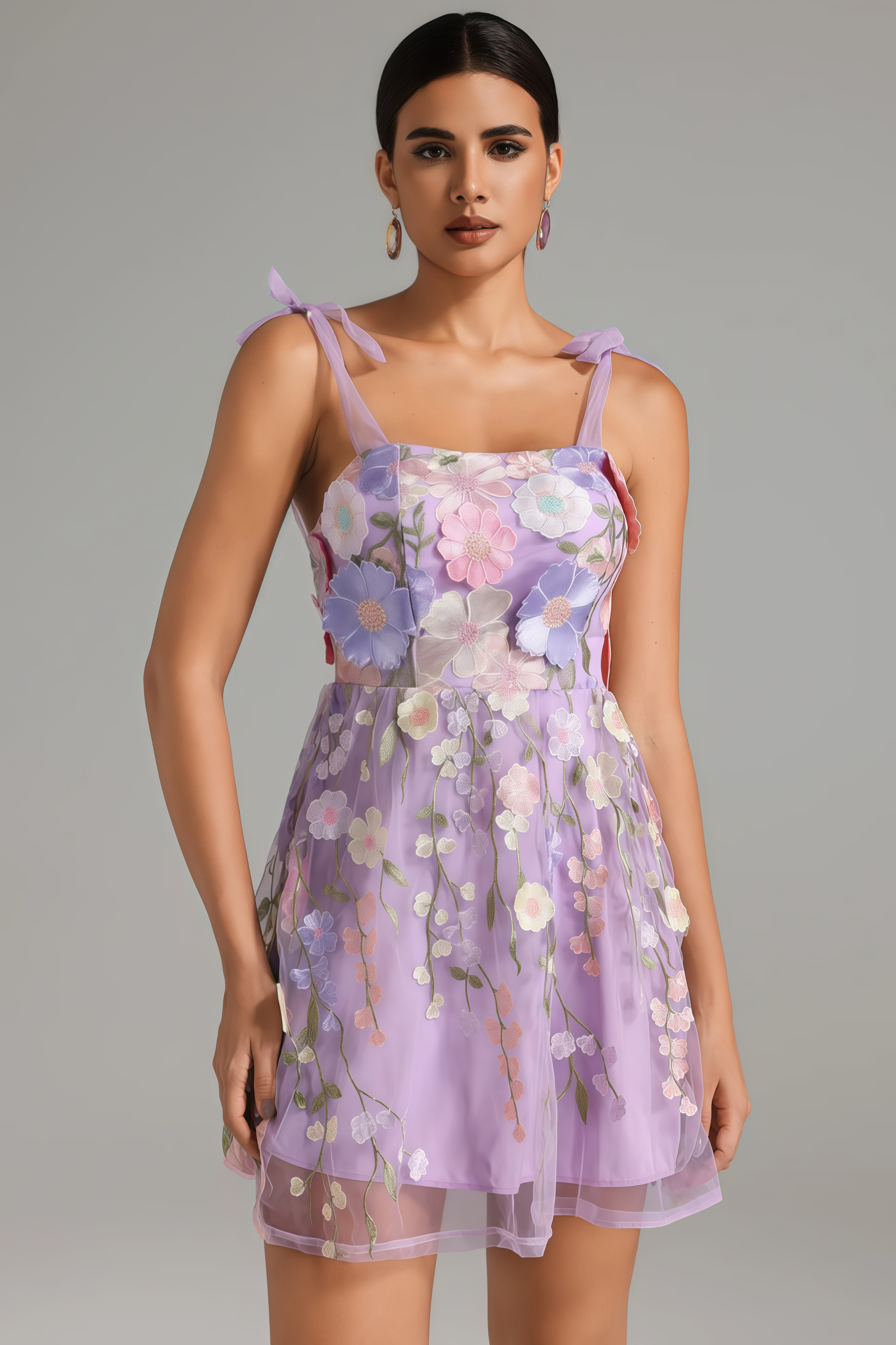 Beryl Flower Strappy Mesh Mini Dress