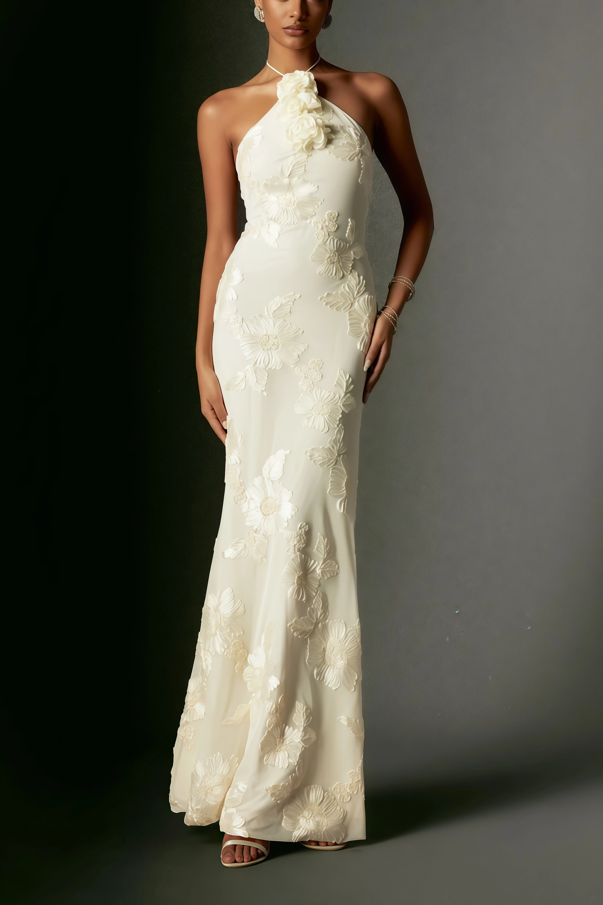 Jacova Flower Halter Embroidery Maxi Dress