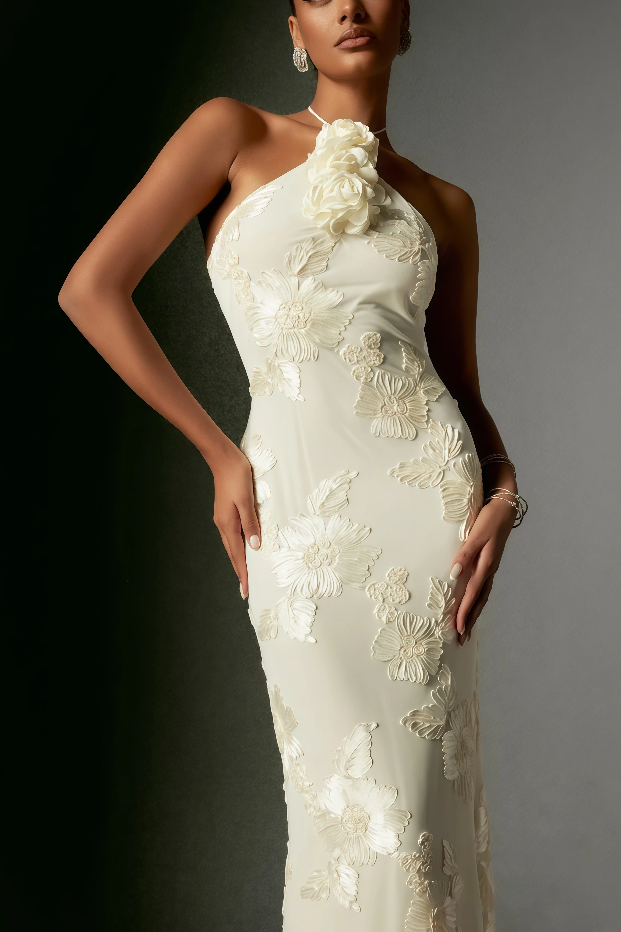Jacova Flower Halter Embroidery Maxi Dress