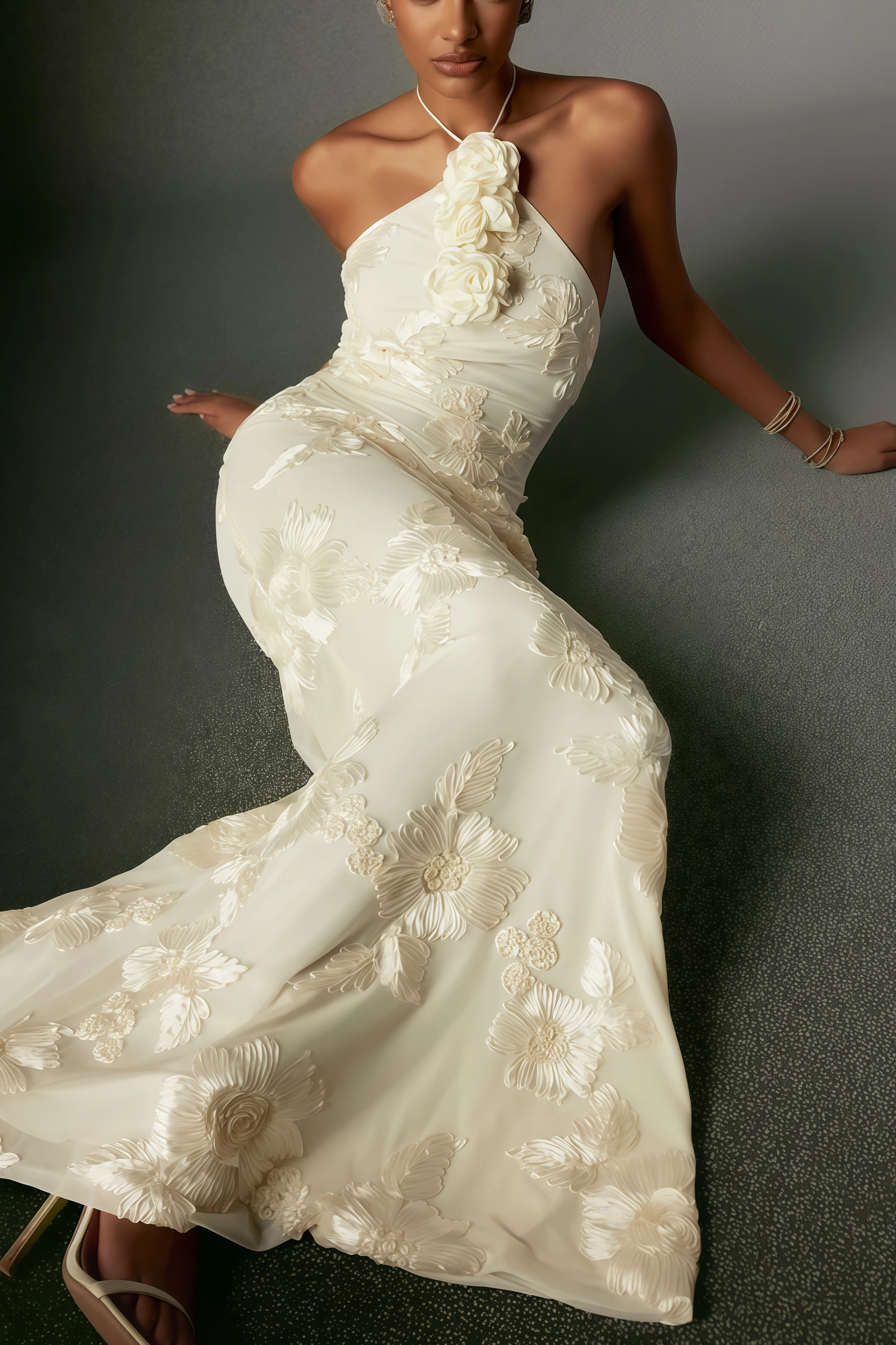 Jacova Flower Halter Embroidery Maxi Dress