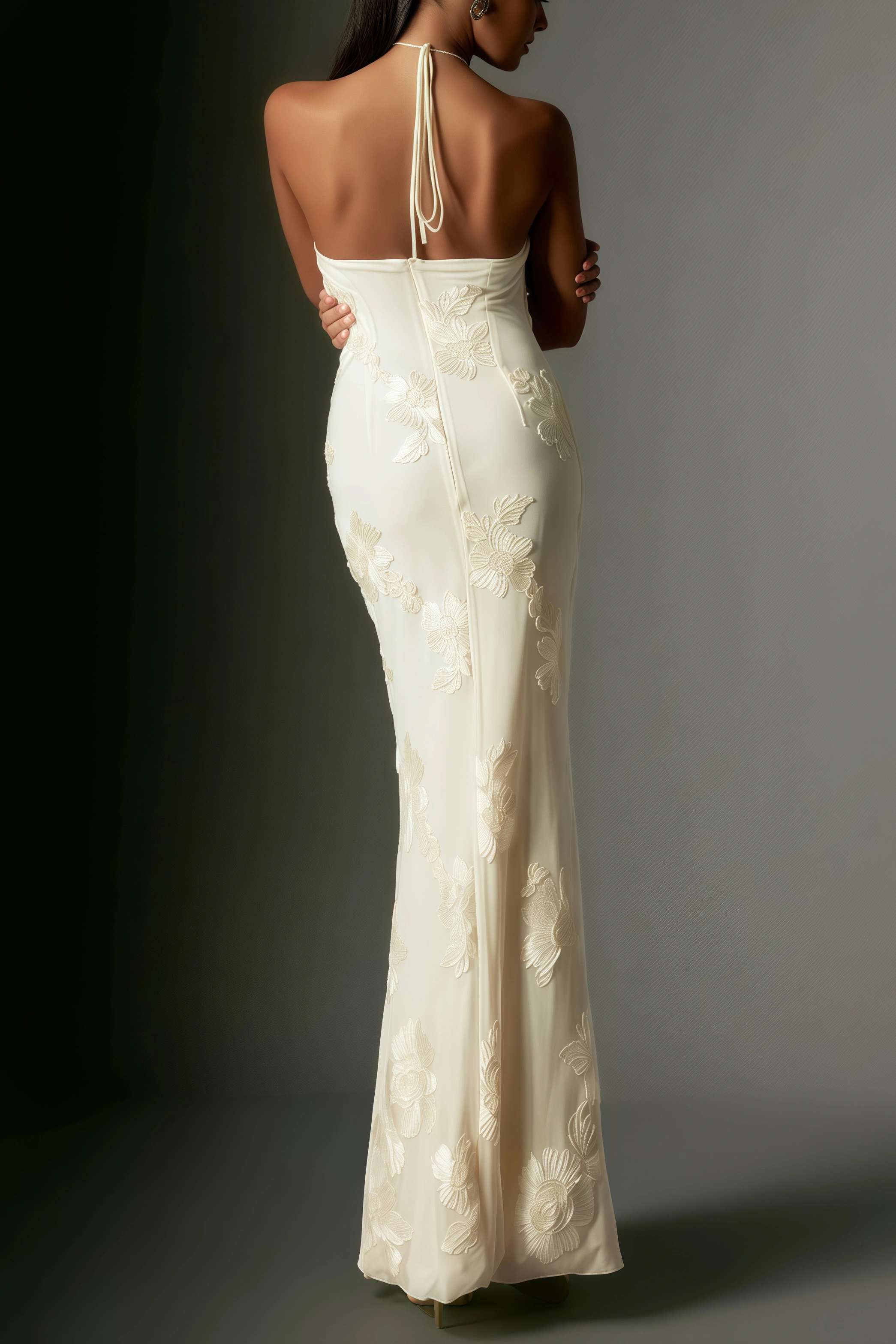 Jacova Flower Halter Embroidery Maxi Dress
