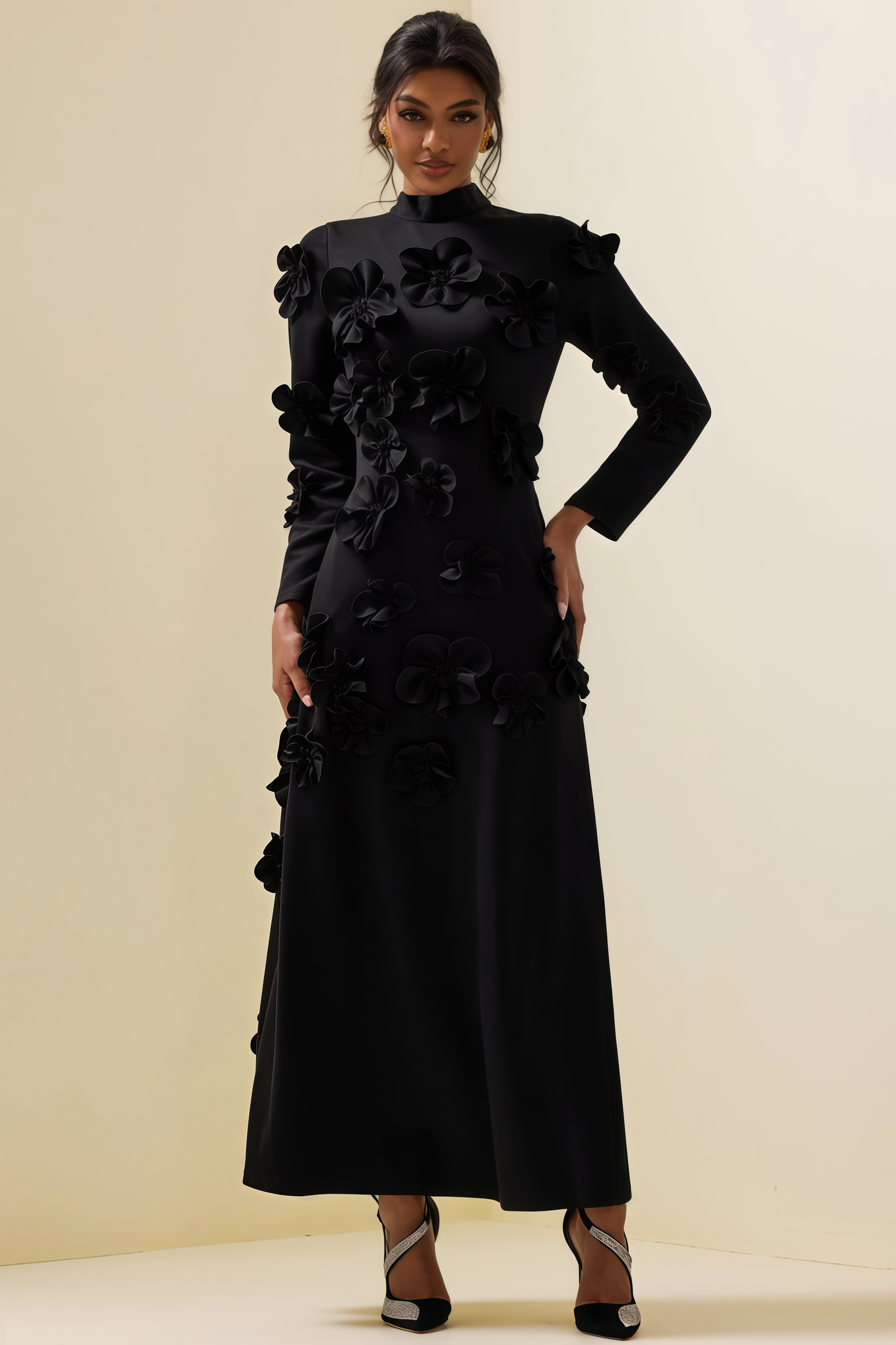 Basil 3D Flower Stand Collar Midi Dress