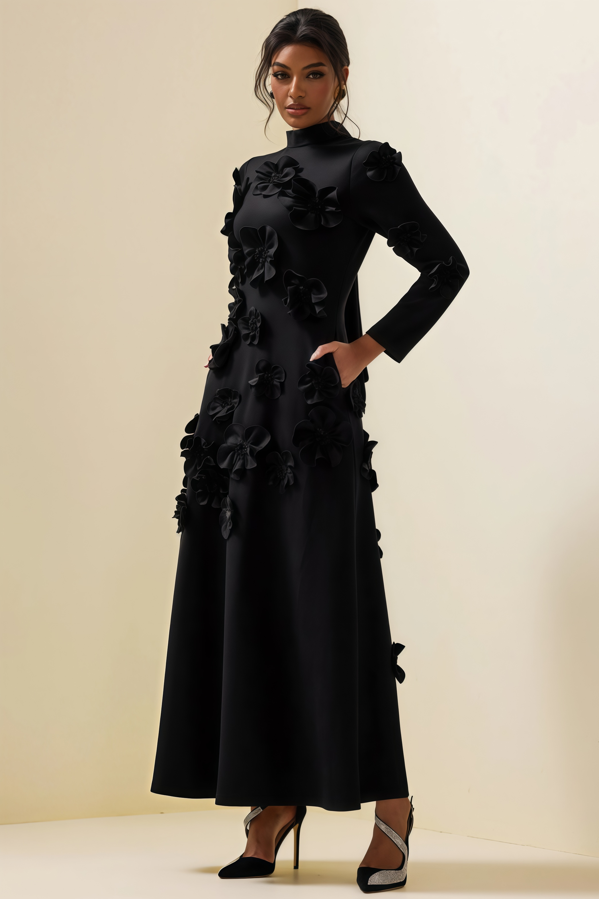 Basil 3D Flower Stand Collar Midi Dress