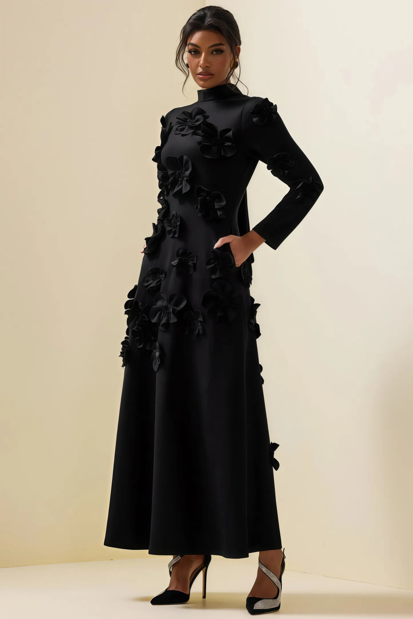 Basil 3D Flower Stand Collar Midi Dress