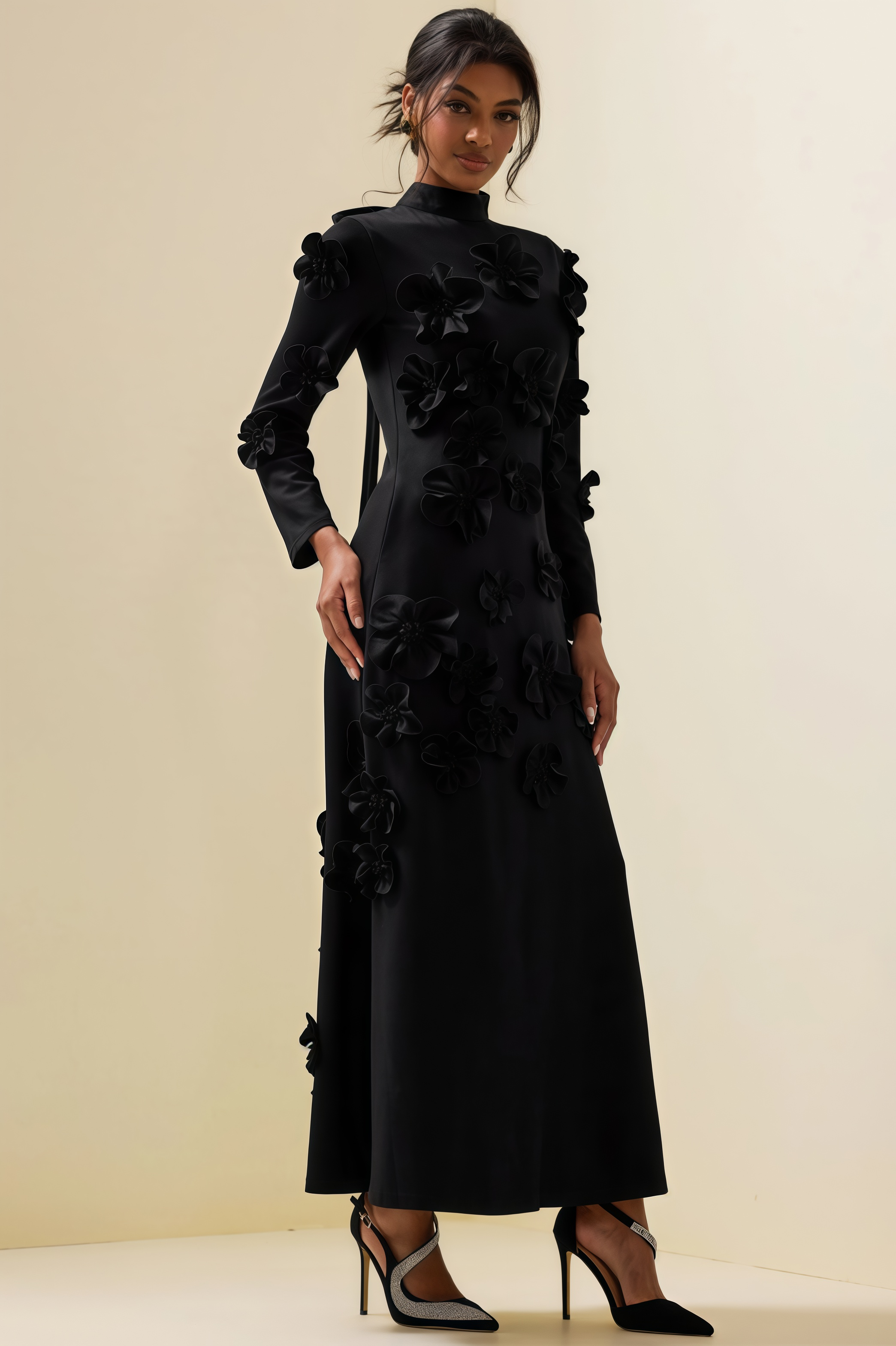 Basil 3D Flower Stand Collar Midi Dress