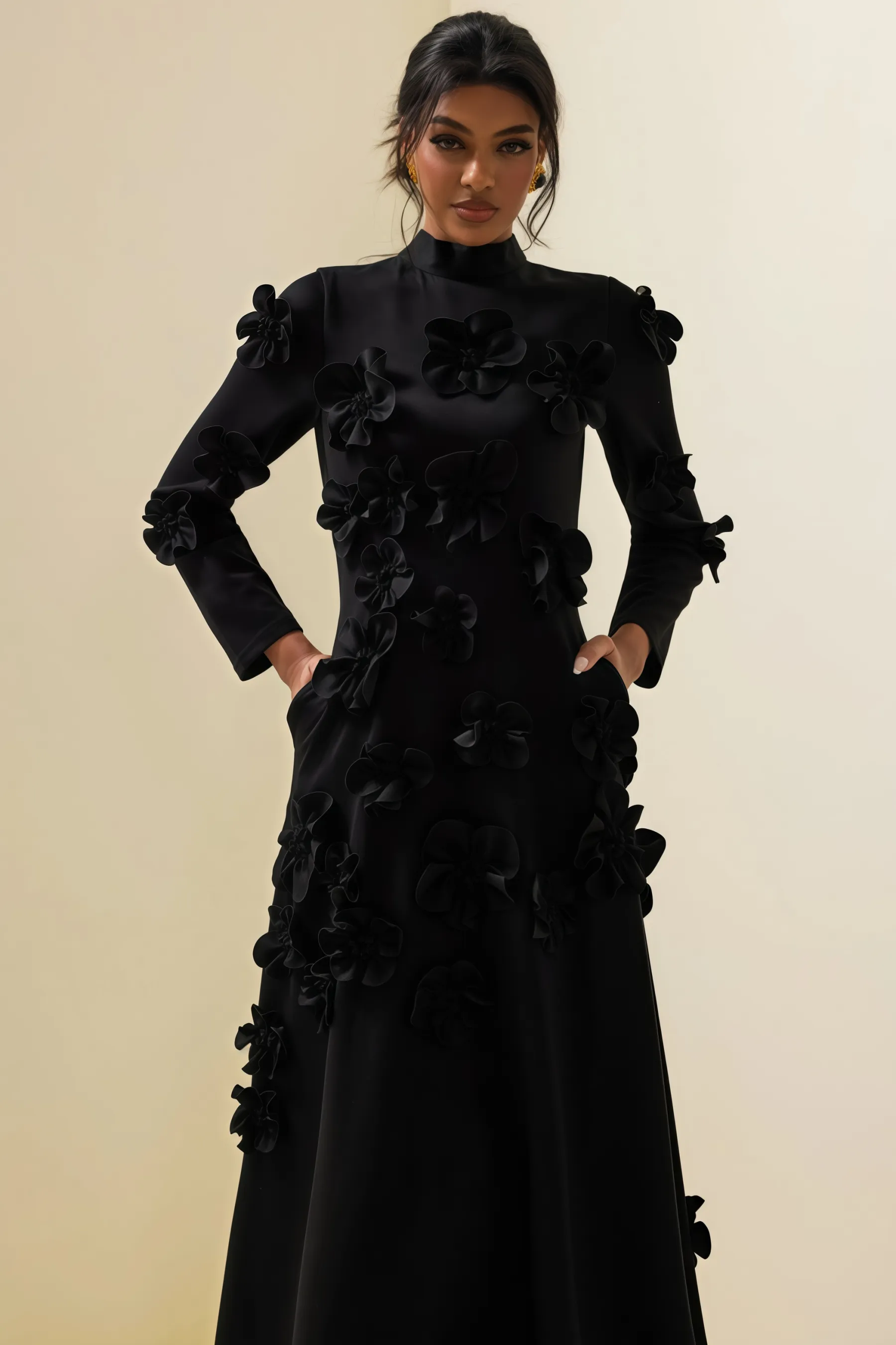 Basil 3D Flower Stand Collar Midi Dress