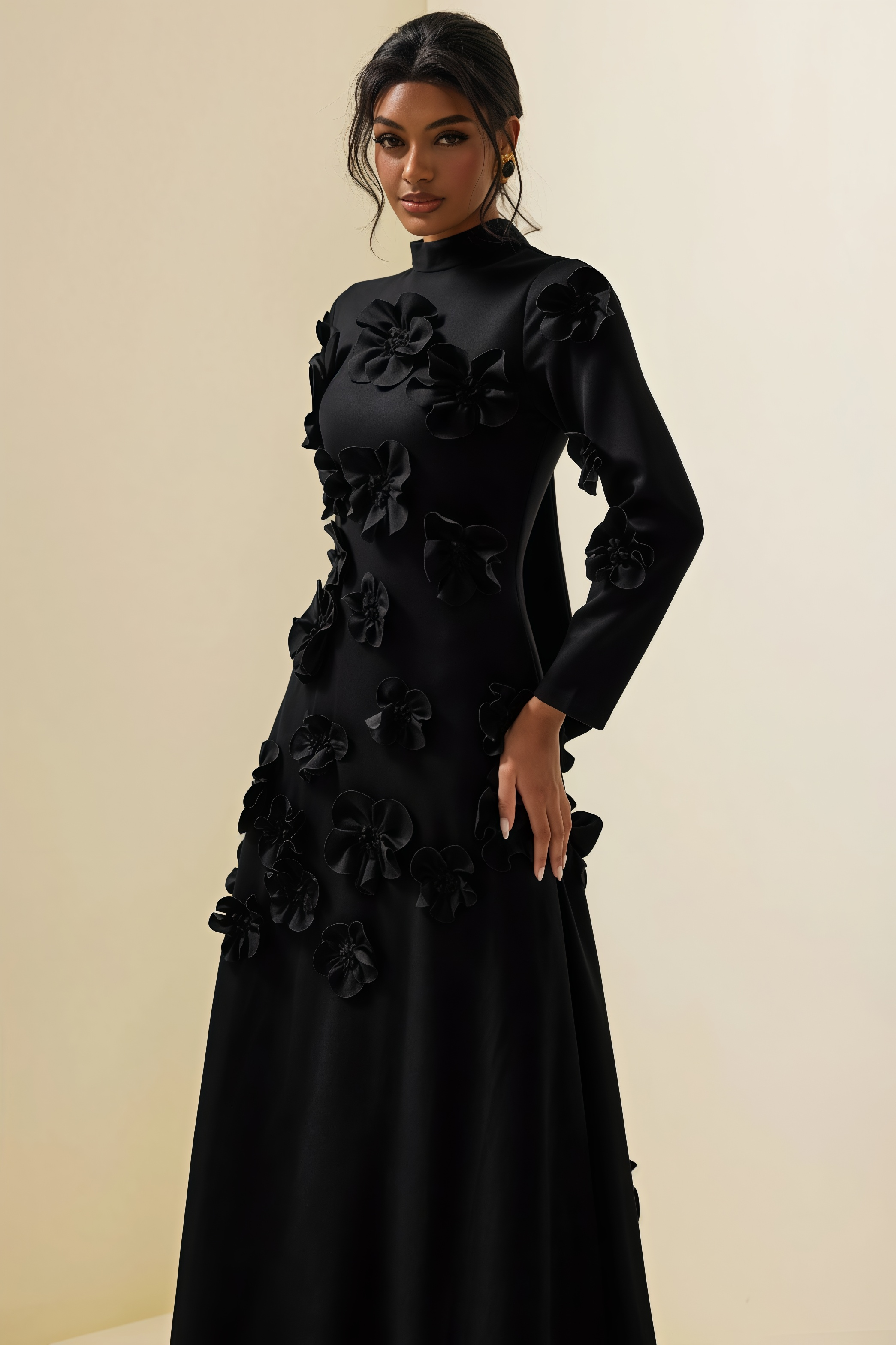 Basil 3D Flower Stand Collar Midi Dress
