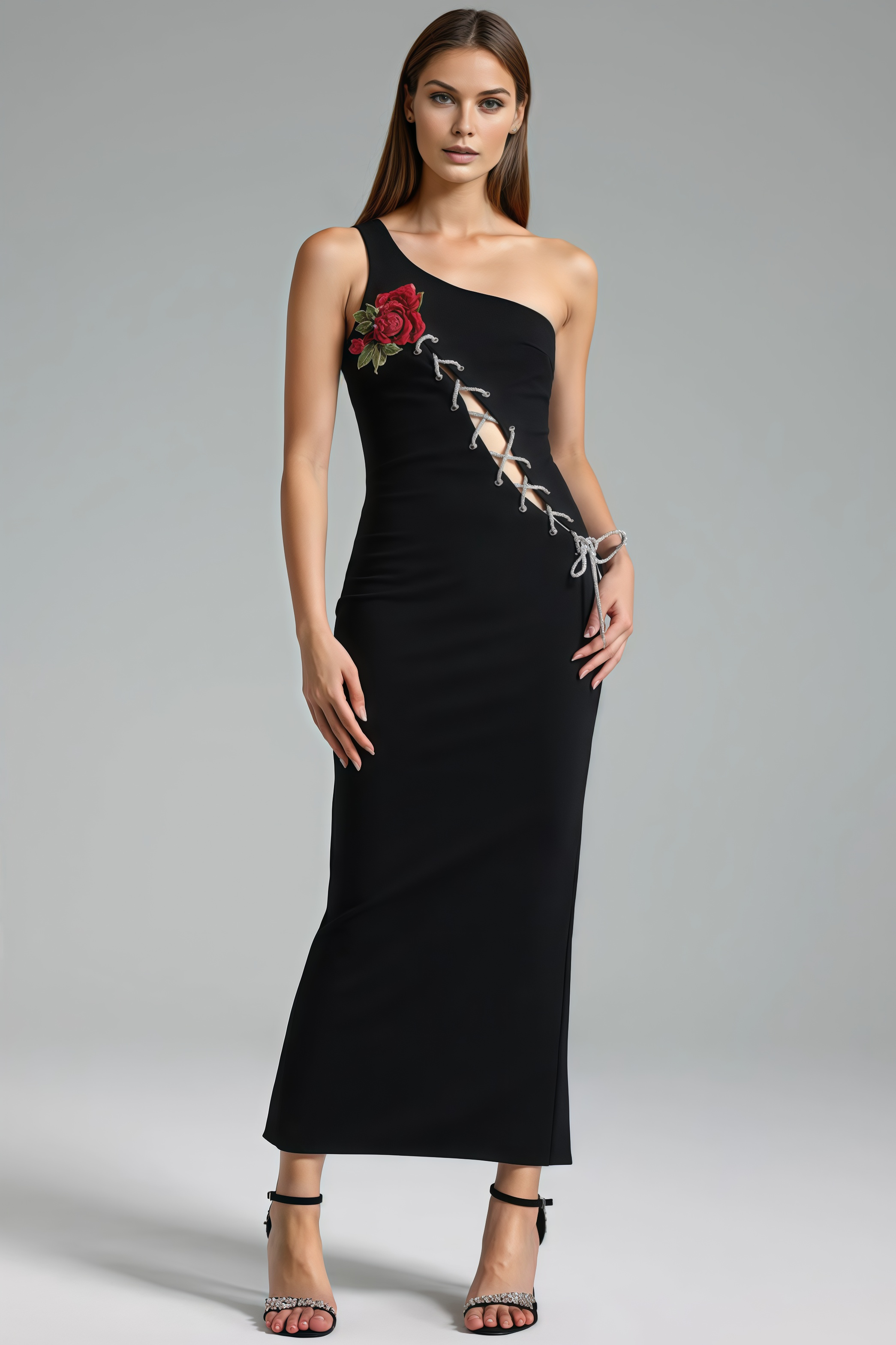Ulrica Black Floral Lace Midi Dress