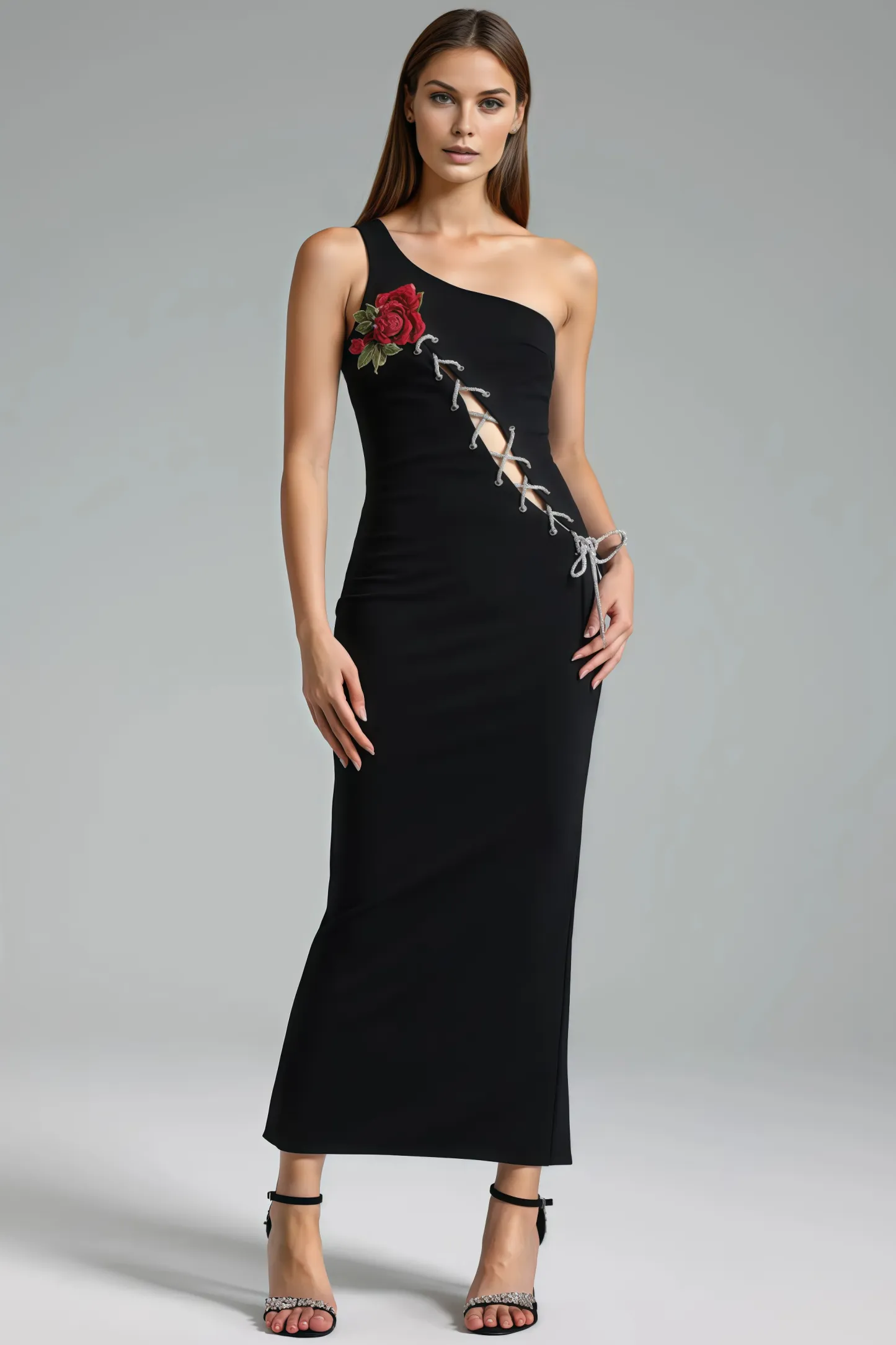 Ulrica Black Floral Lace Midi Dress