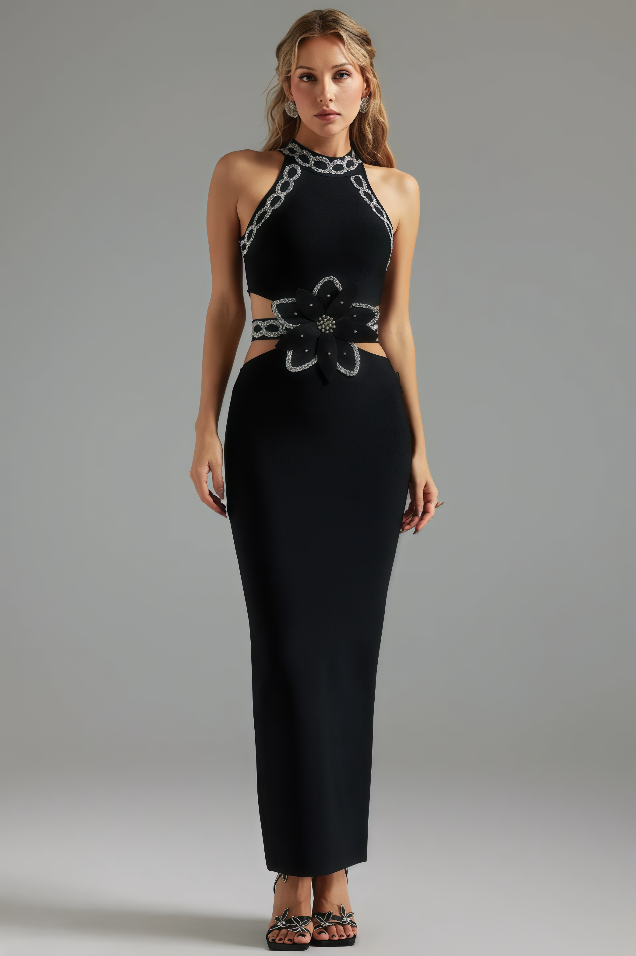 Uriel Glitter Cut Out Bandage Maxi Dress