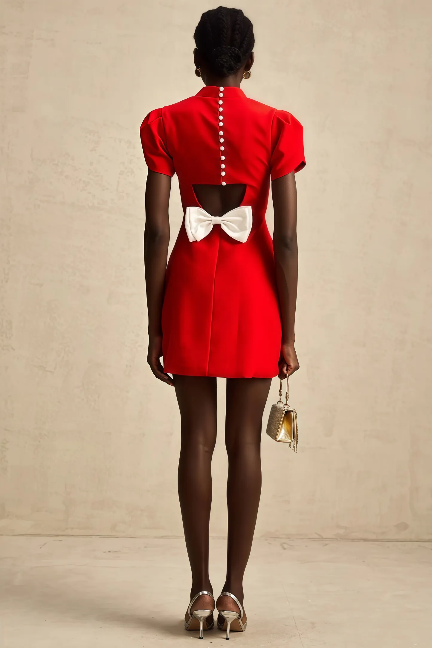 Manik Red Petal-sleeve Bow Mini Dress