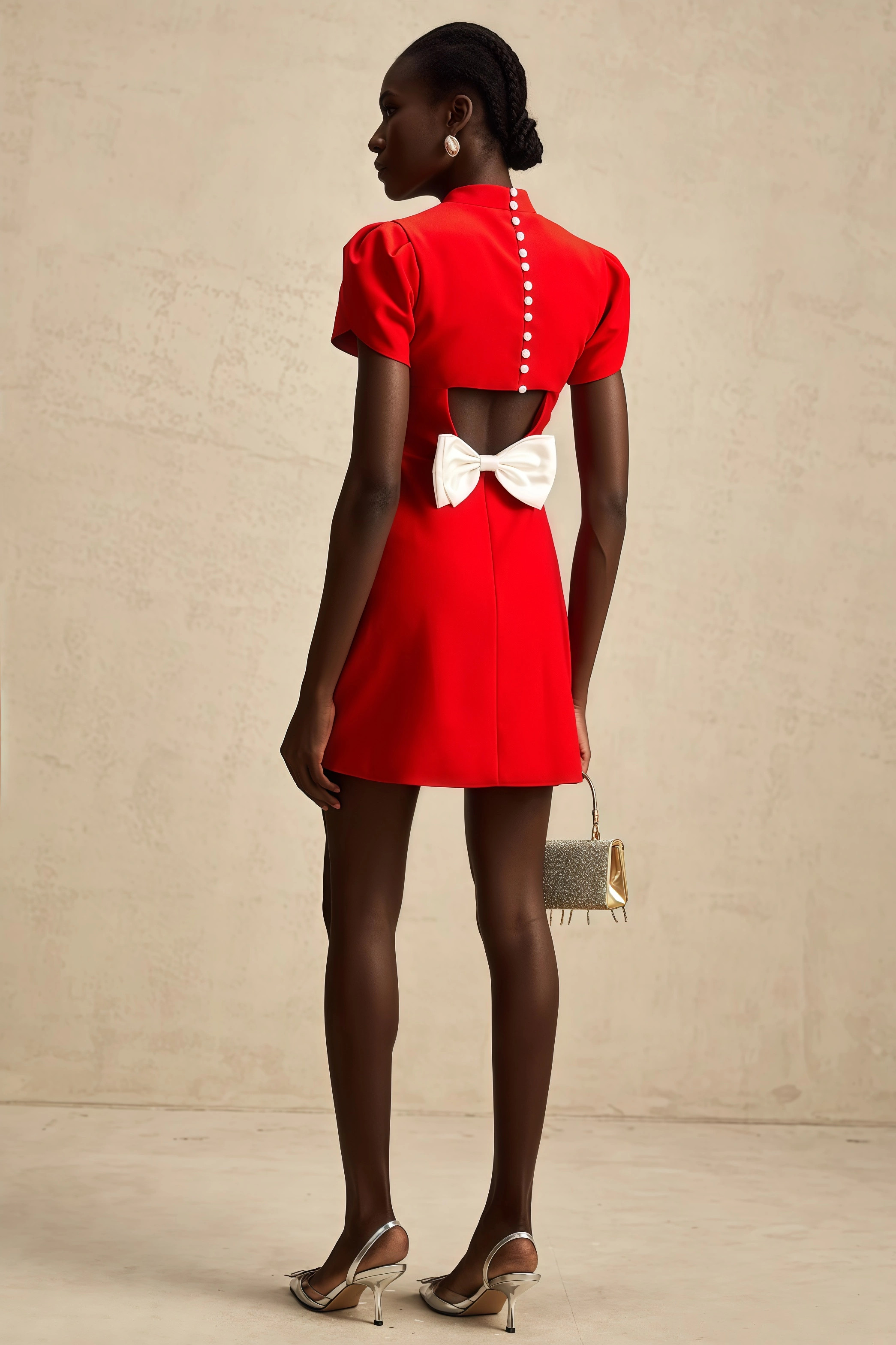 Manik Red Petal-sleeve Bow Mini Dress