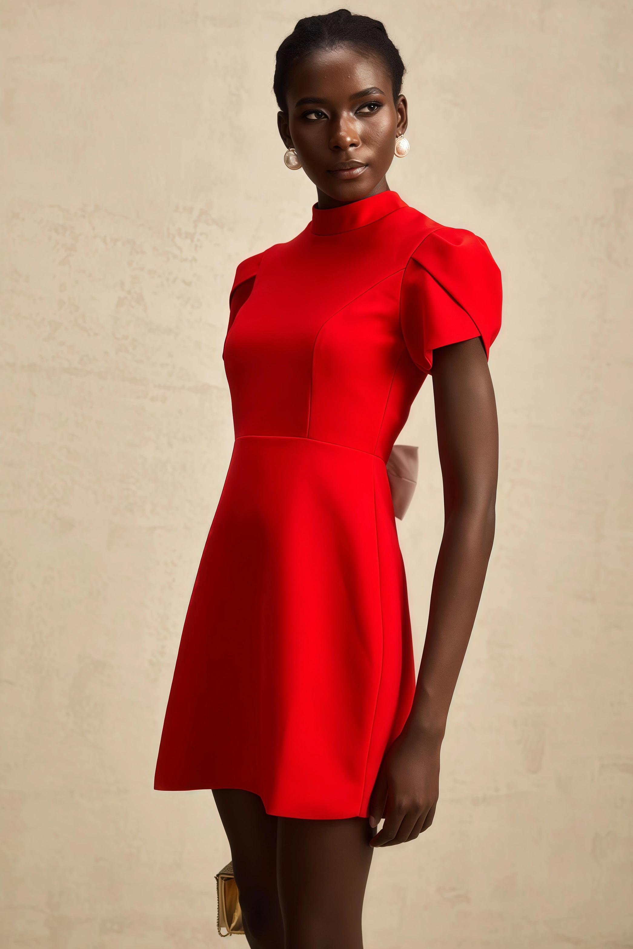Manik Red Petal-sleeve Bow Mini Dress