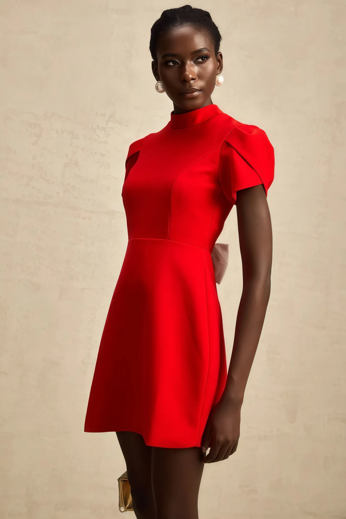 Manik Red Petal-sleeve Bow Mini Dress