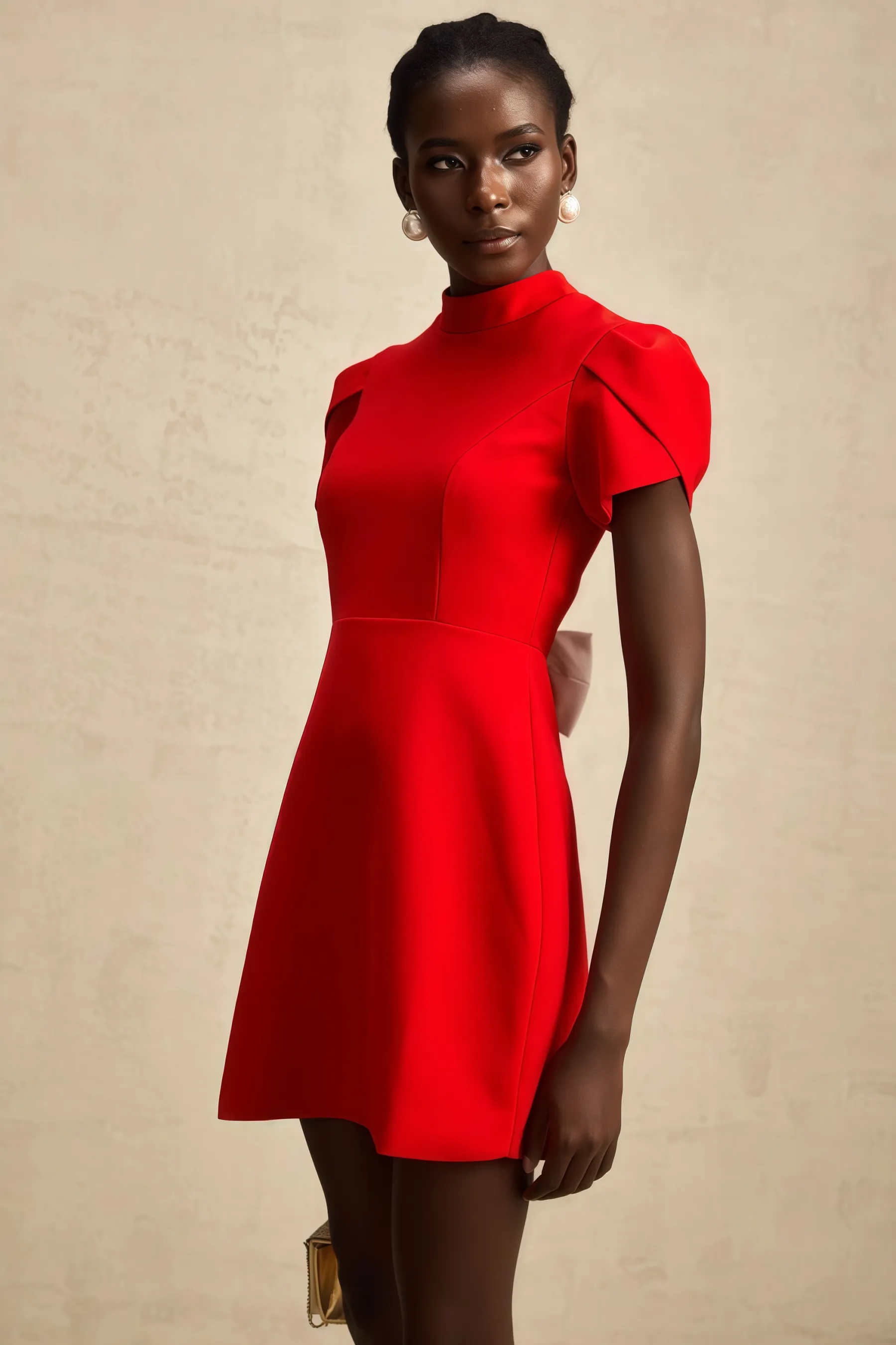 Manik Red Petal-sleeve Bow Mini Dress