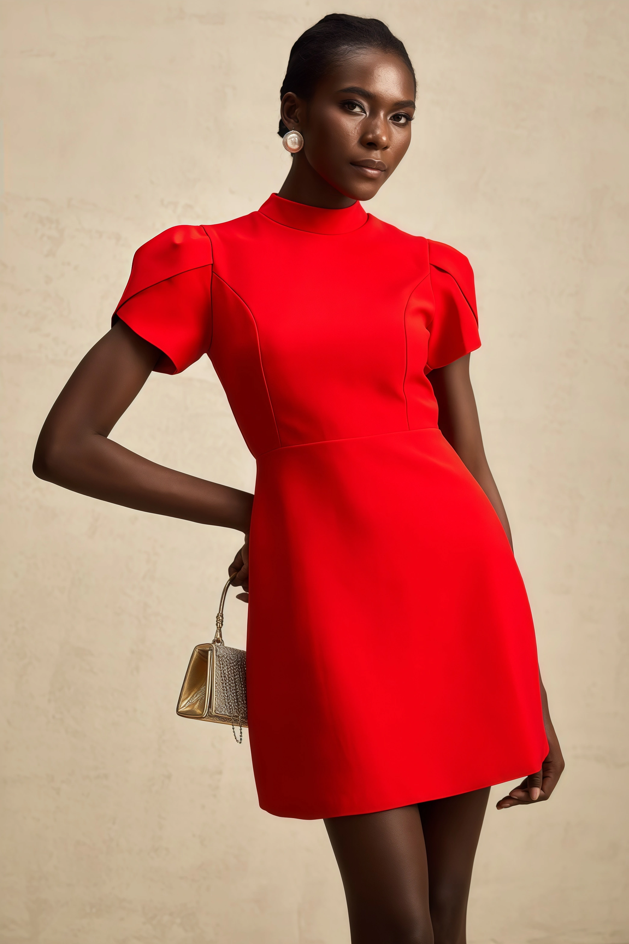 Manik Red Petal-sleeve Bow Mini Dress