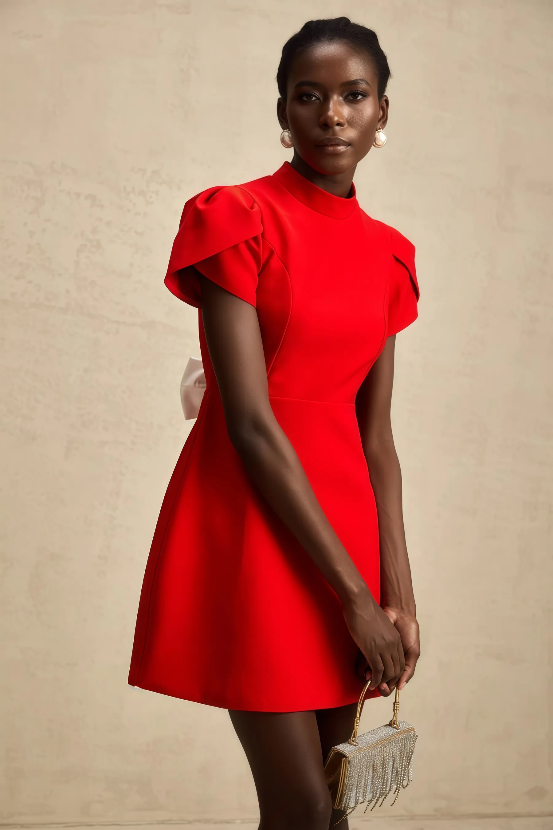 Manik Red Petal-sleeve Bow Mini Dress