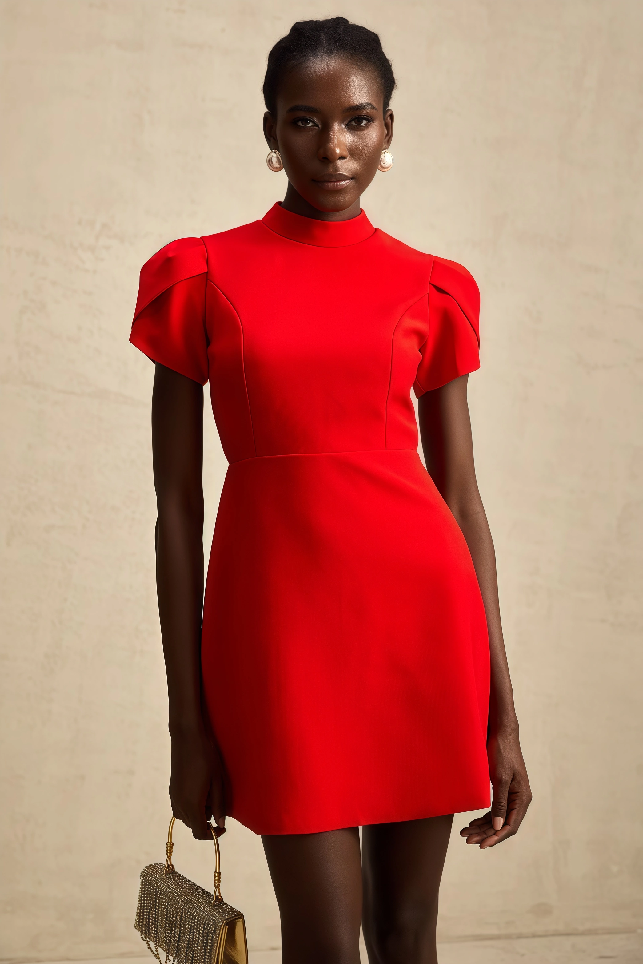 Manik Red Petal-sleeve Bow Mini Dress