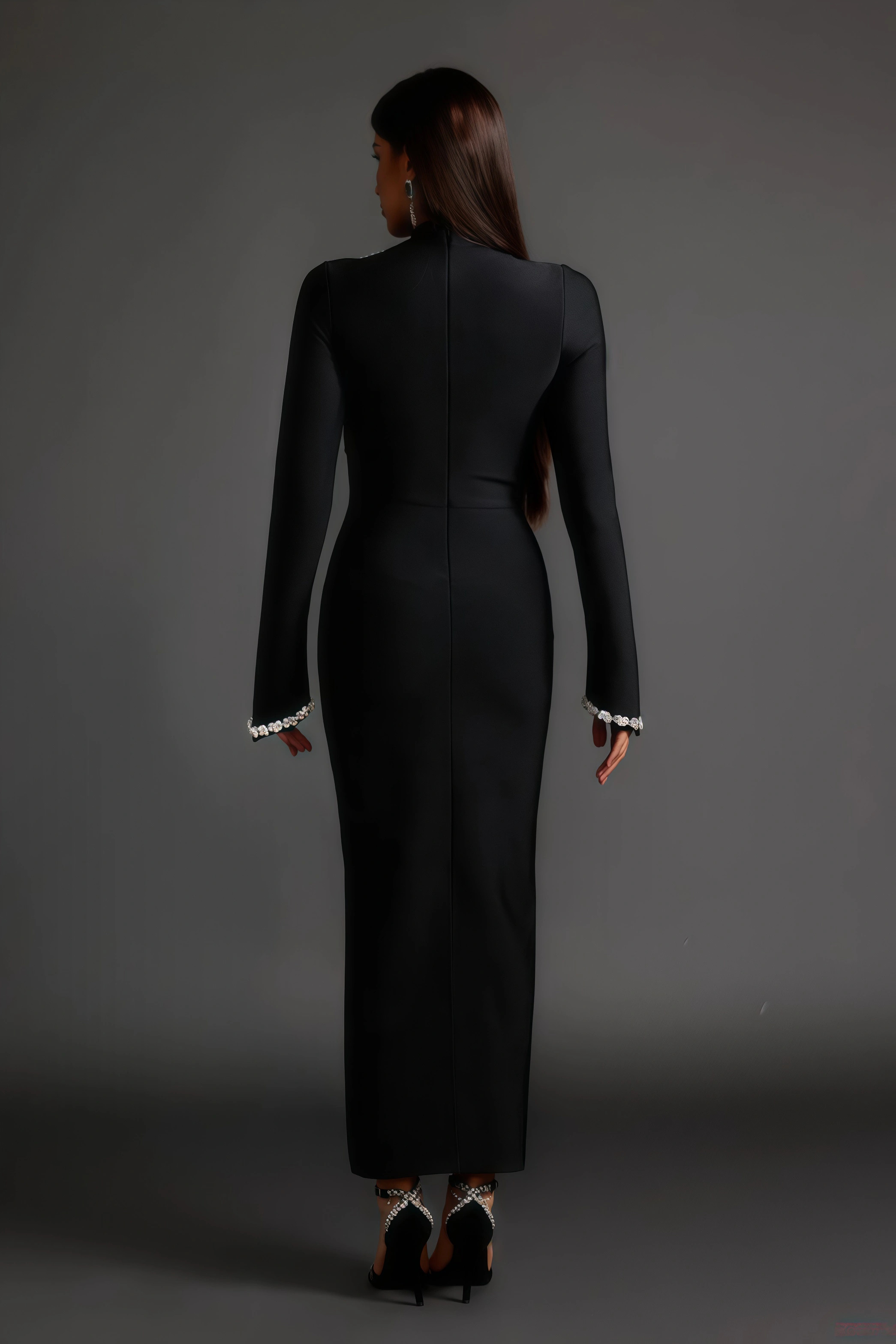 Jersey Diamond Setting Long Sleeve Bandage Maxi Dress