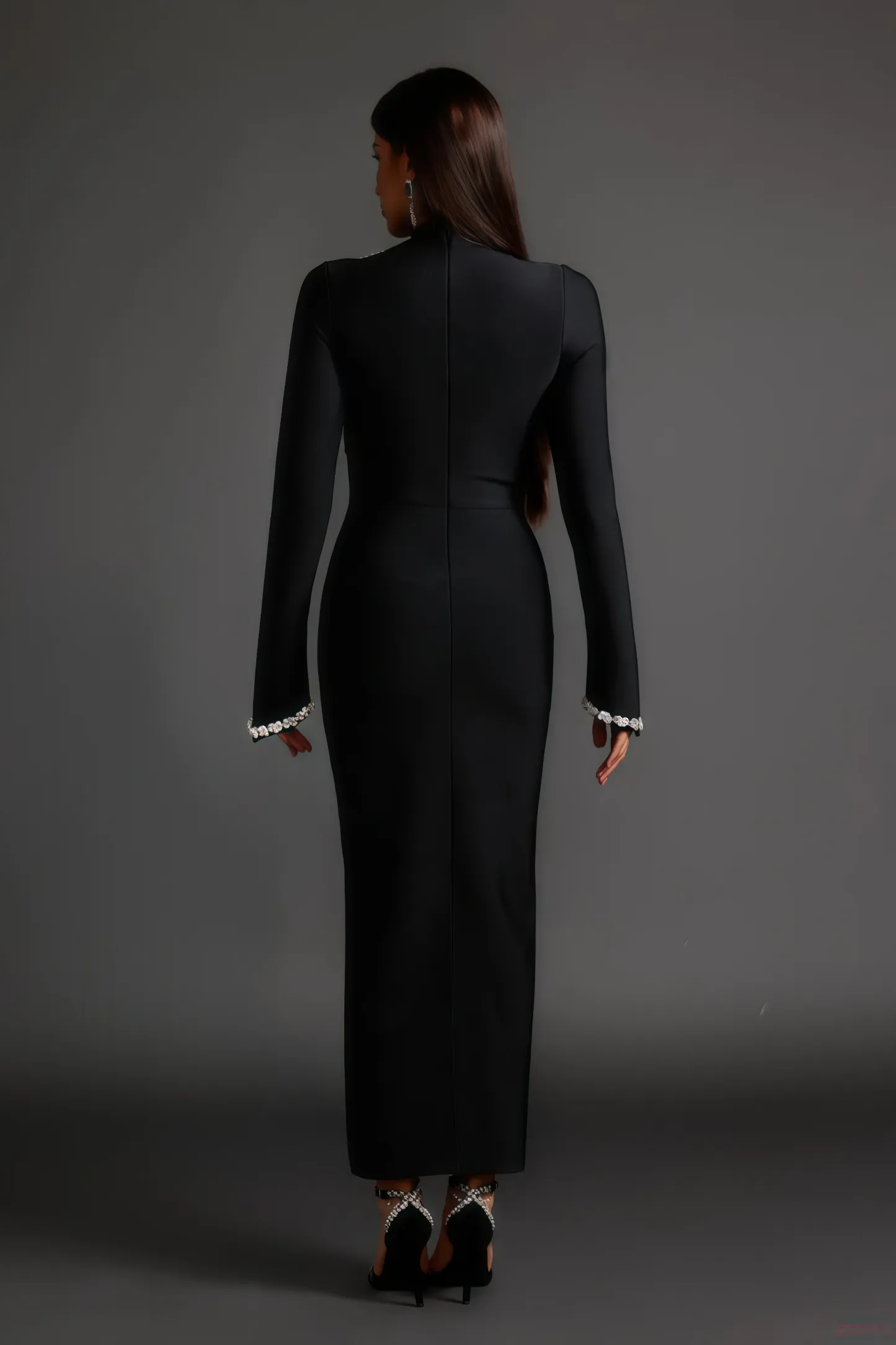 Jersey Diamond Setting Long Sleeve Bandage Maxi Dress