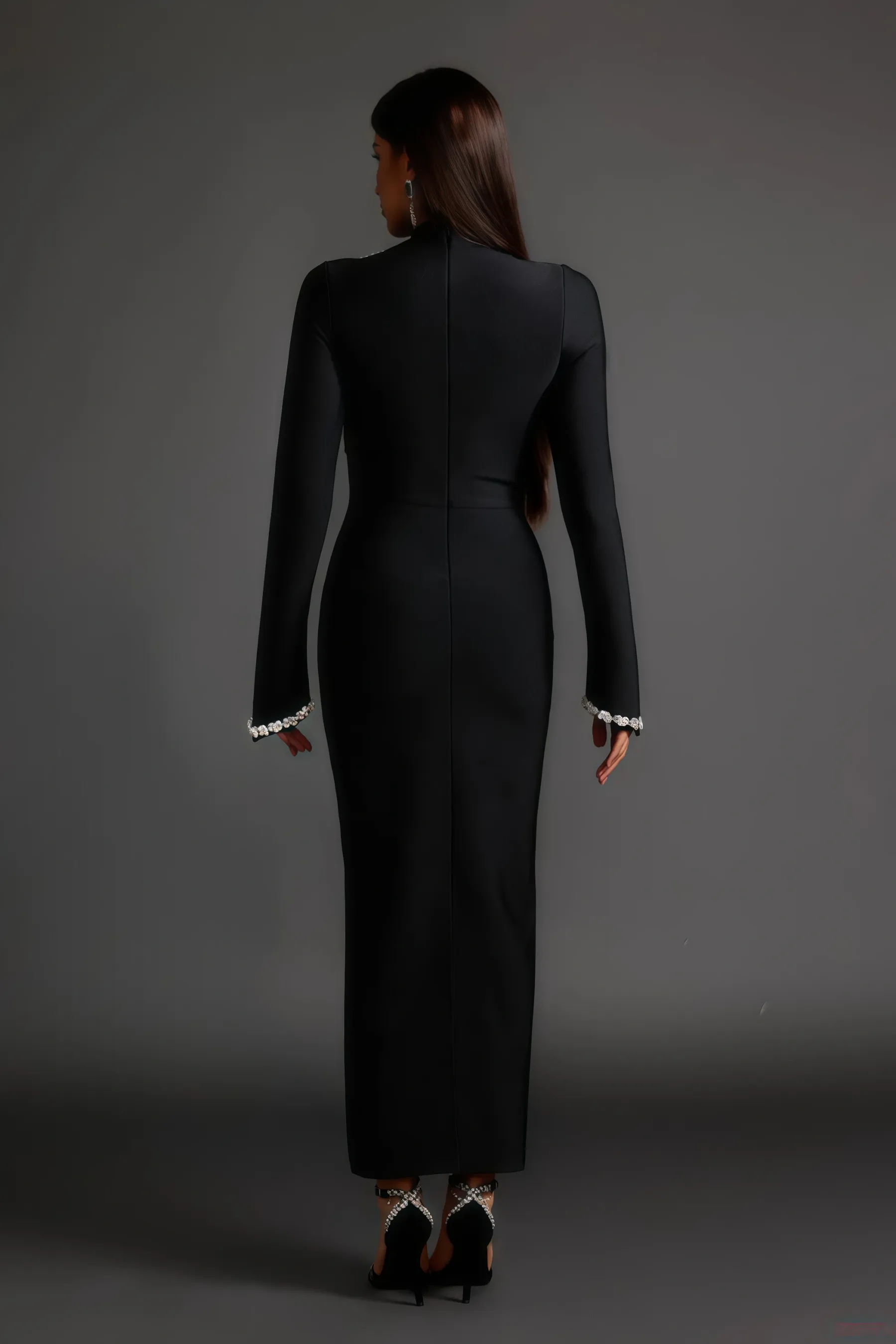 Jersey Diamond Setting Long Sleeve Bandage Maxi Dress