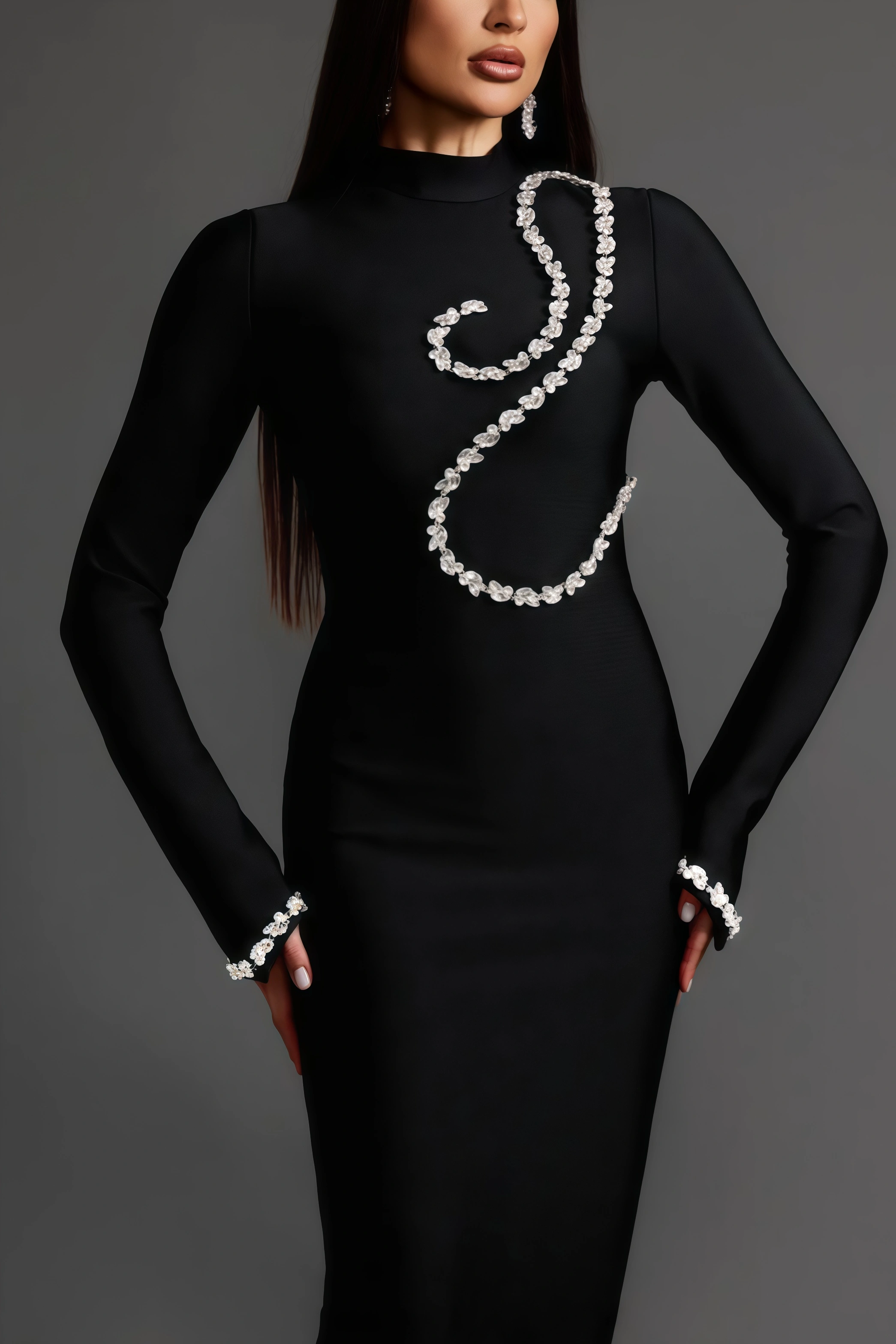 Jersey Diamond Setting Long Sleeve Bandage Maxi Dress