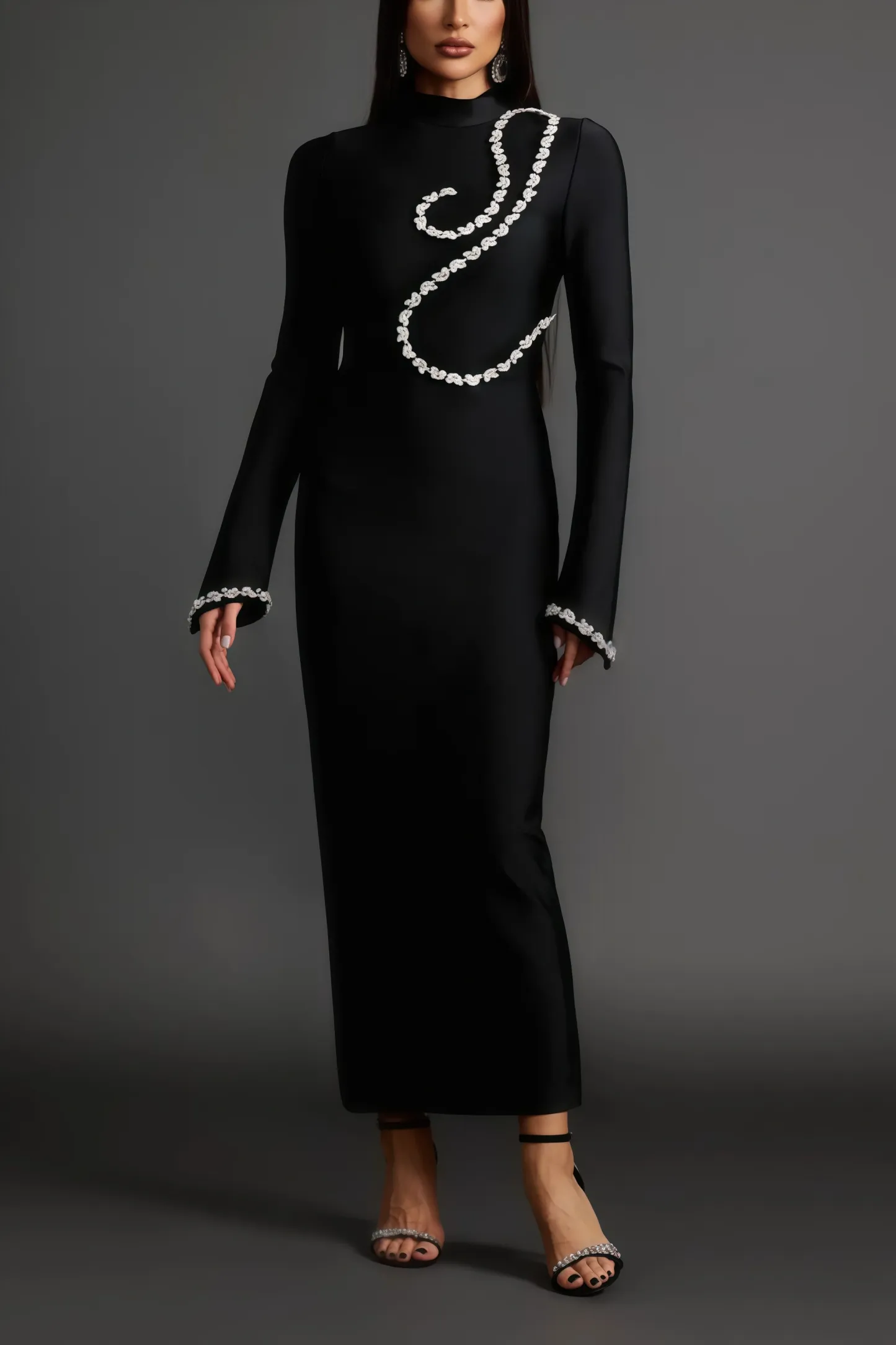 Jersey Diamond Setting Long Sleeve Bandage Maxi Dress
