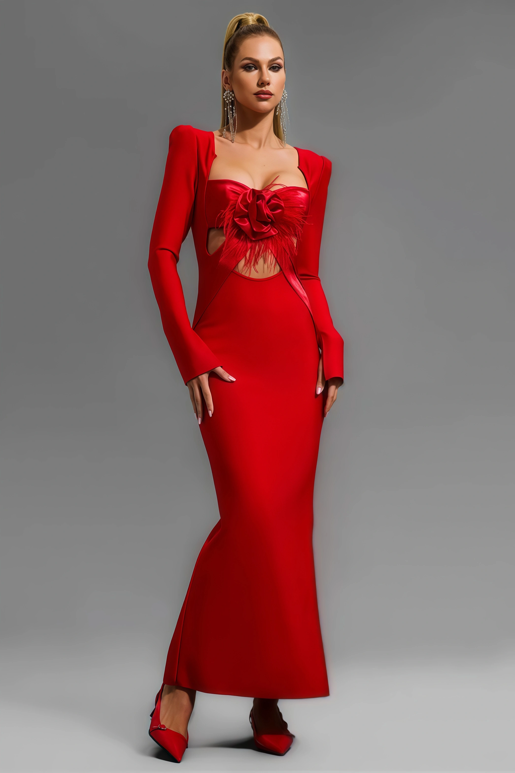 Qearl 3D Flower Feather Cut Out  Maxi Dress