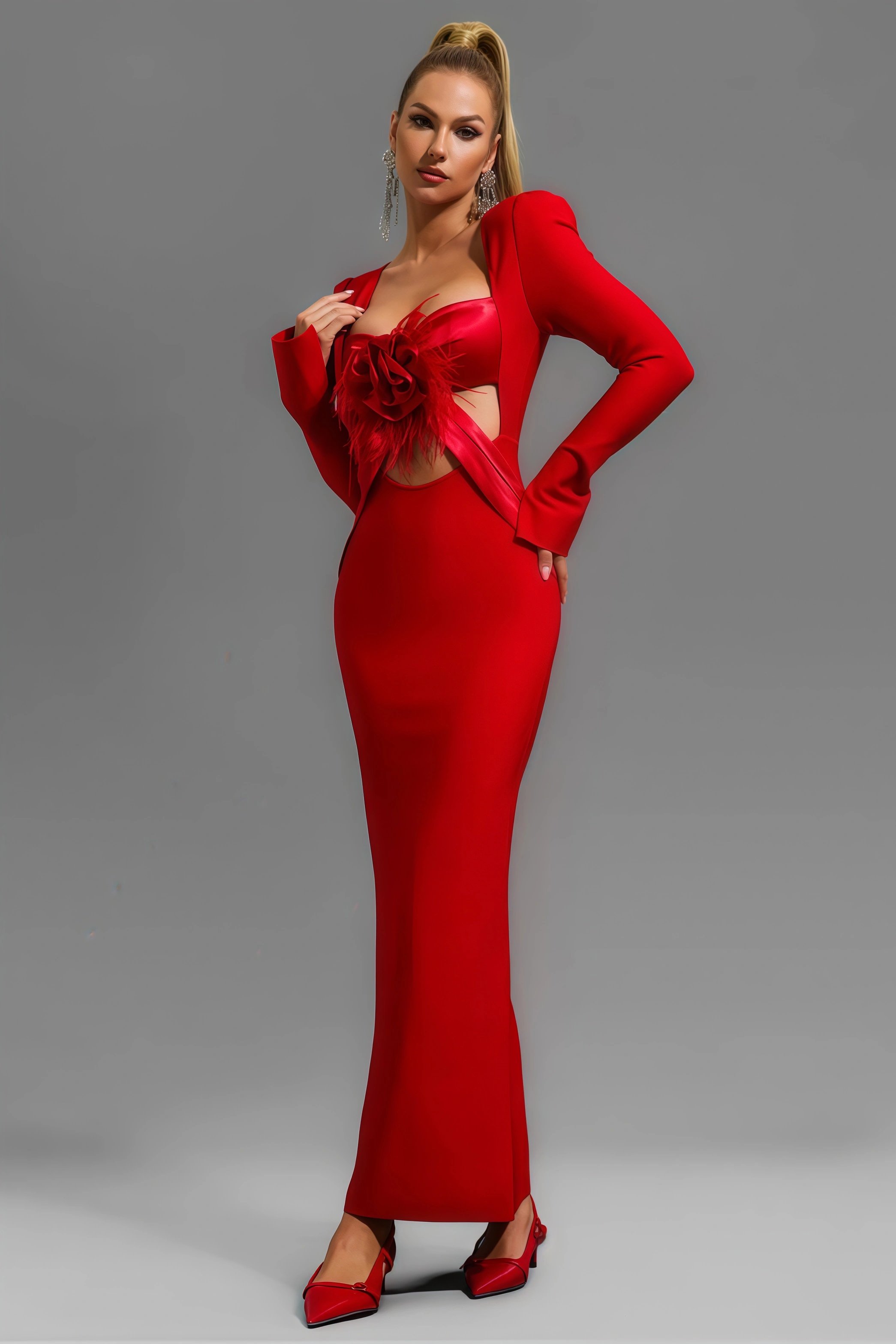 Qearl 3D Flower Feather Cut Out  Maxi Dress