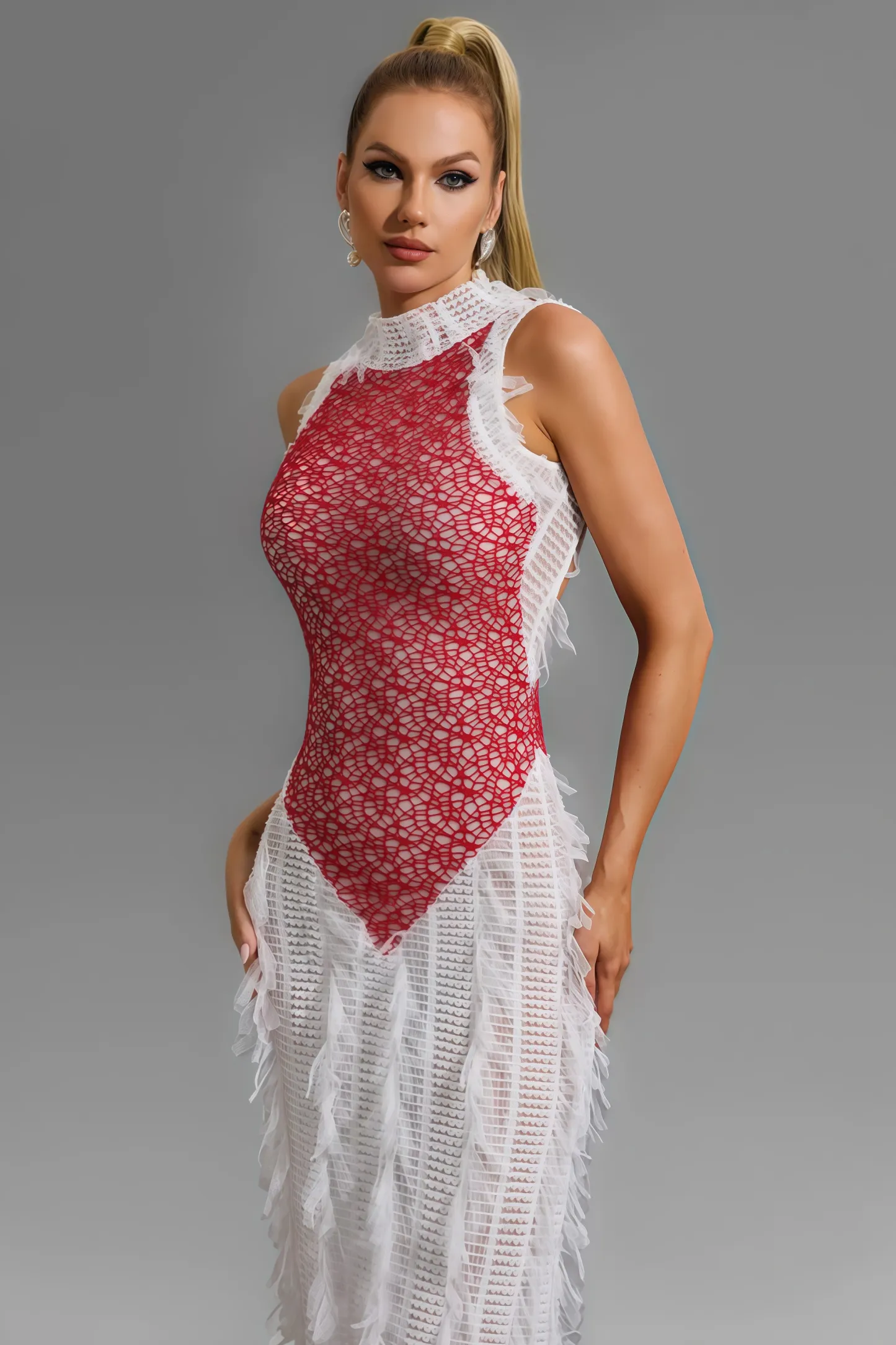 Elva Lace Spliced See-Through Midi Dress