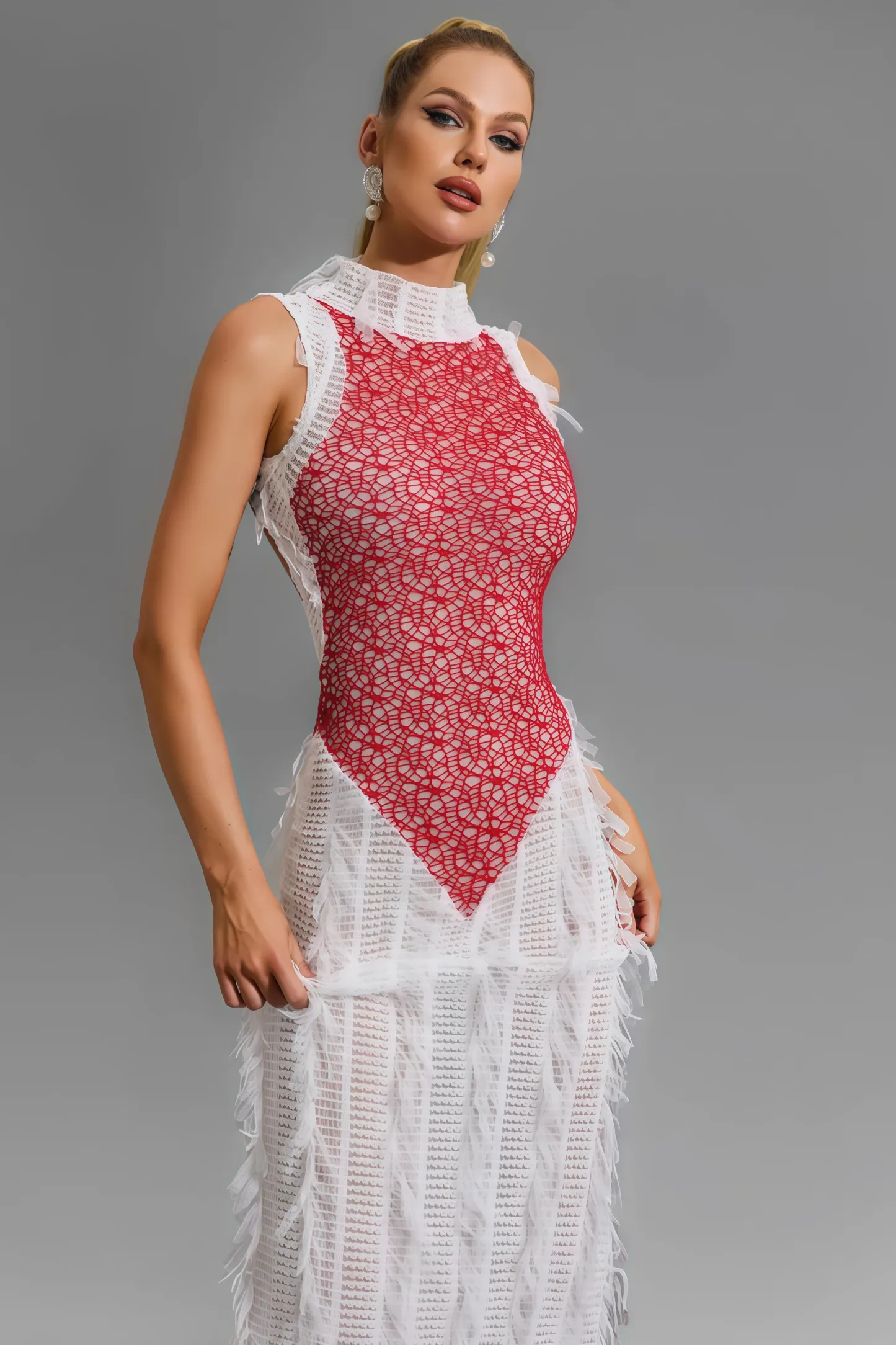 Elva Lace Spliced See-Through Midi Dress