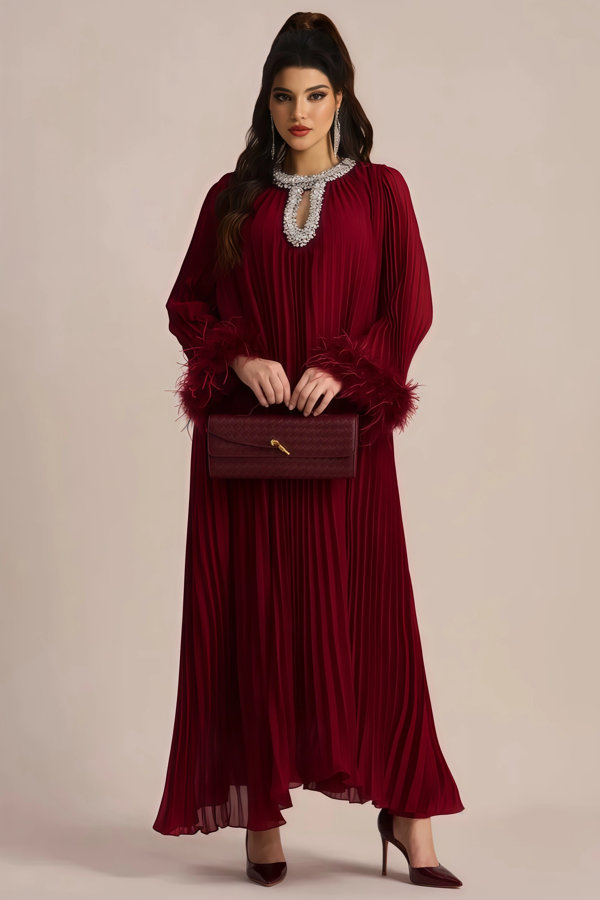 Elza Red Feather Rhinestone Maxi Dress
