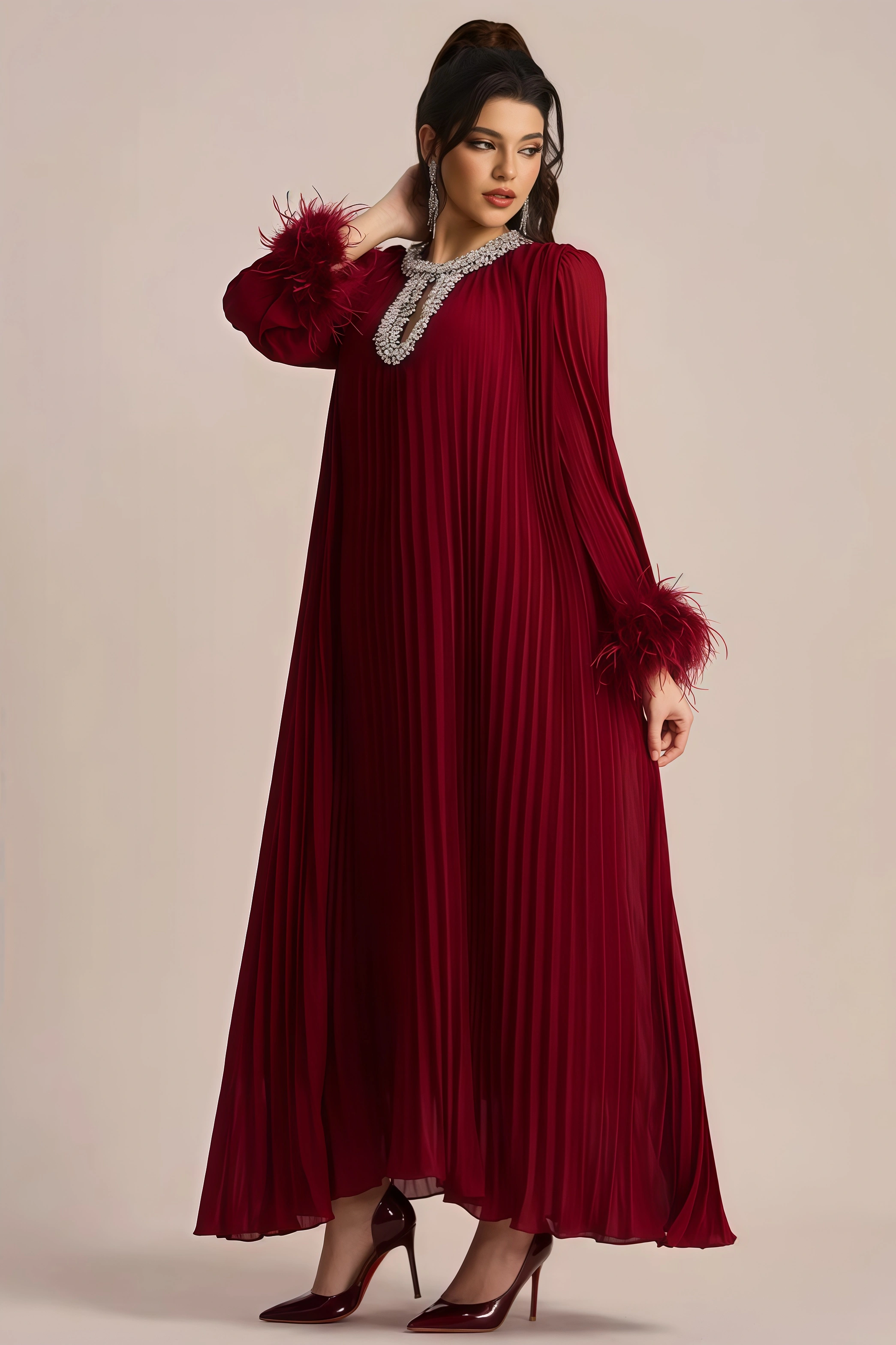 Elza Red Feather Rhinestone Maxi Dress