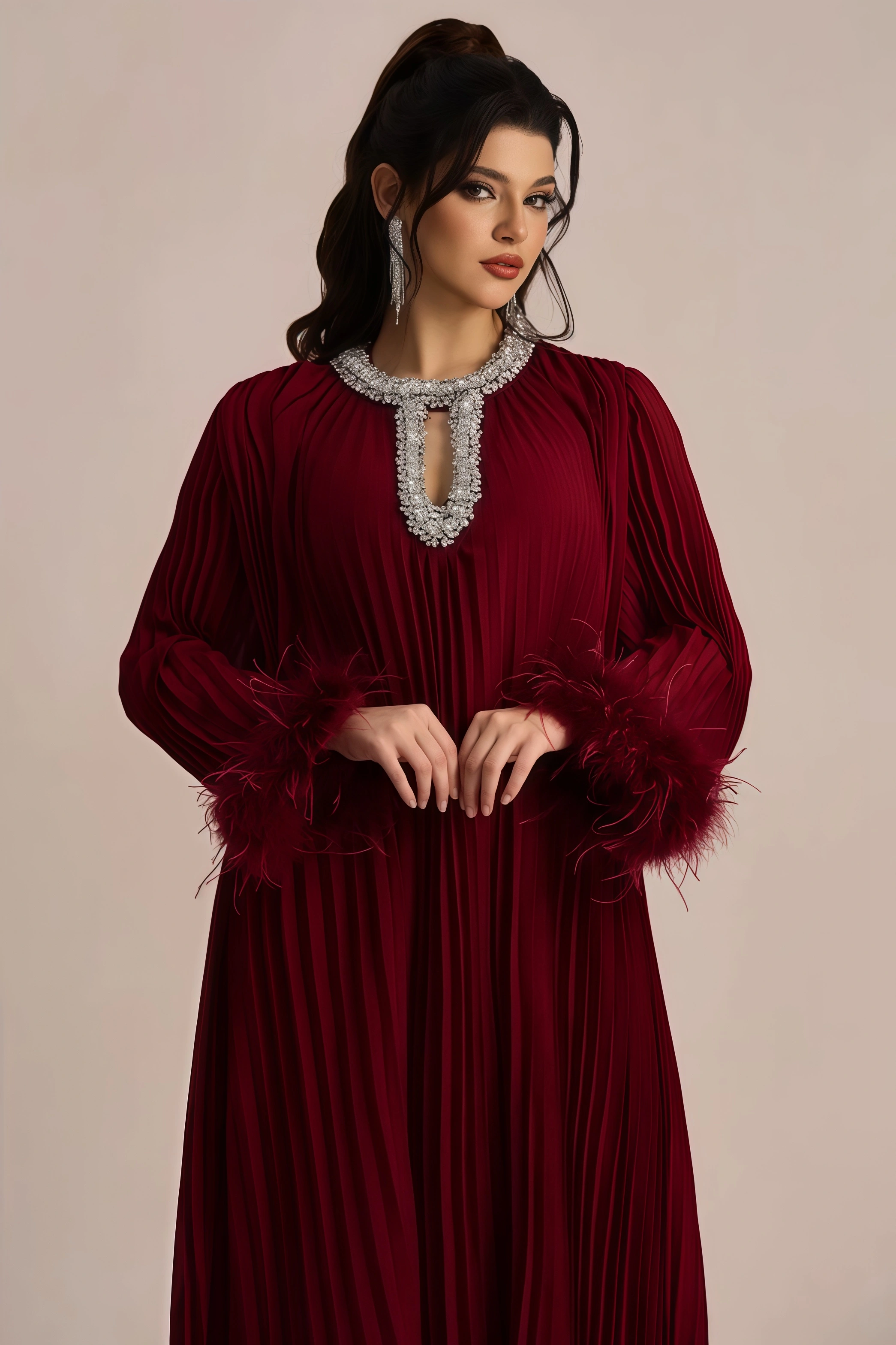 Elza Red Feather Rhinestone Maxi Dress
