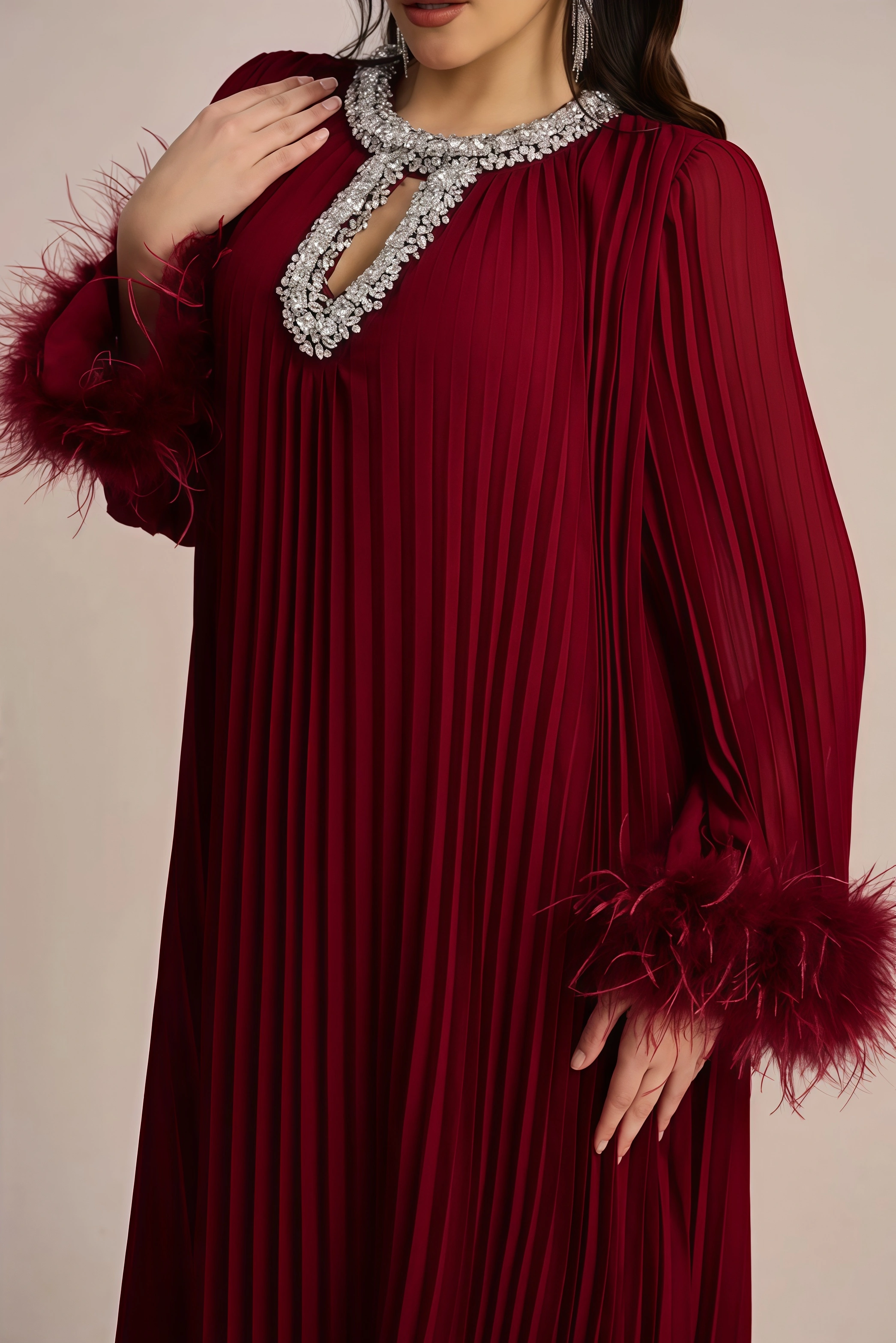 Elza Red Feather Rhinestone Maxi Dress