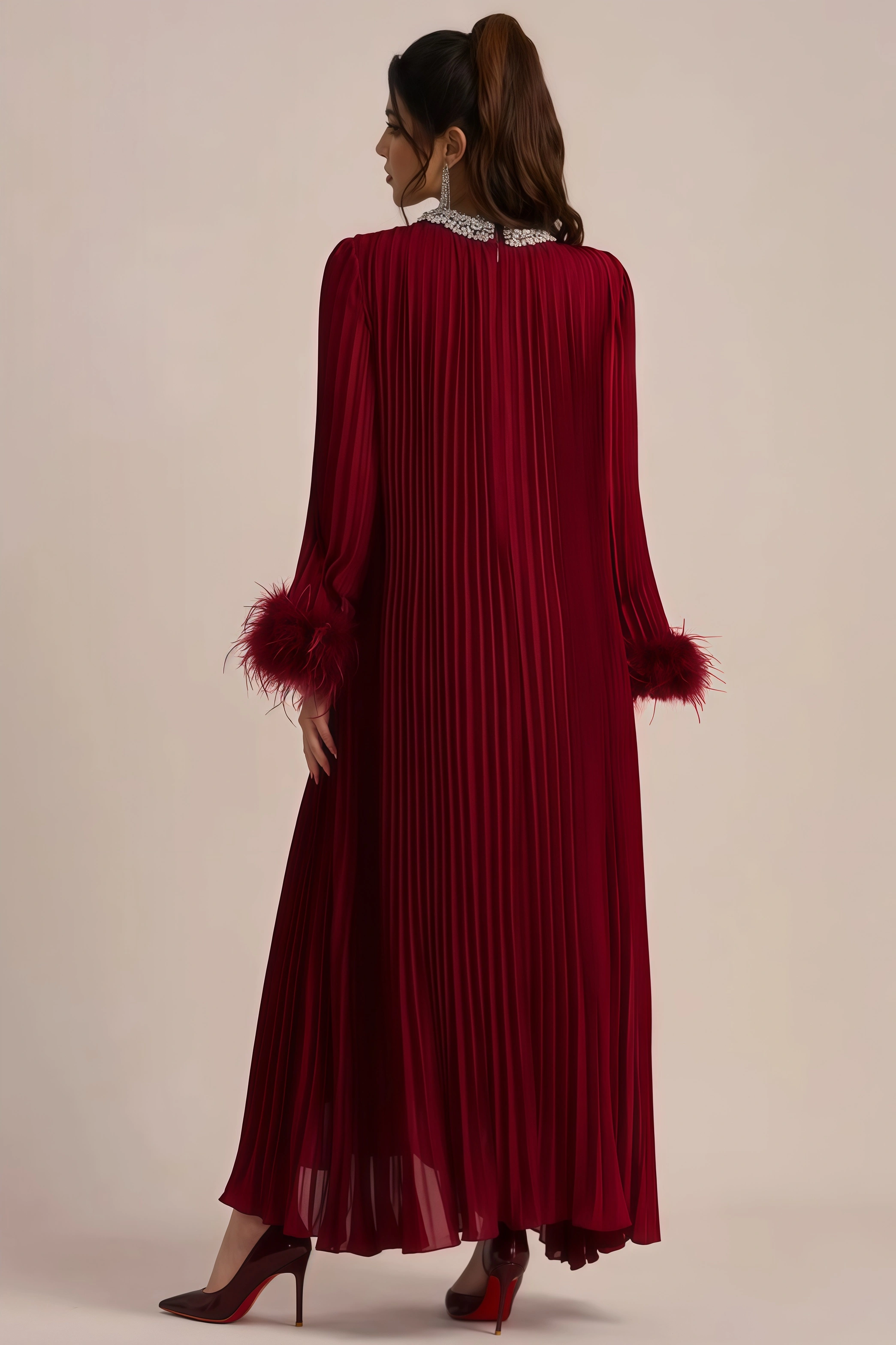 Elza Red Feather Rhinestone Maxi Dress
