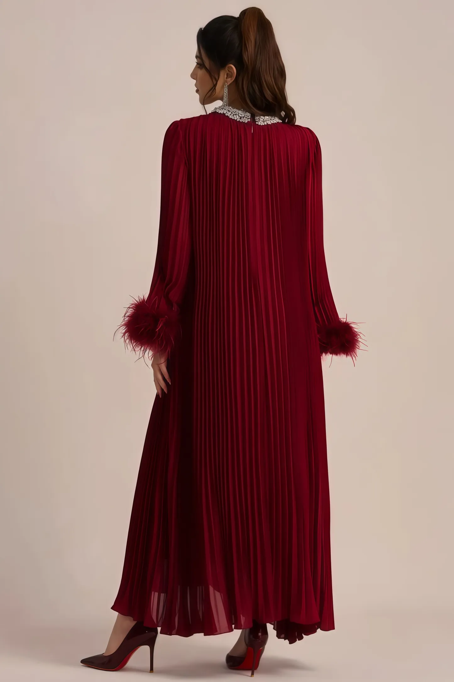 Elza Red Feather Rhinestone Maxi Dress