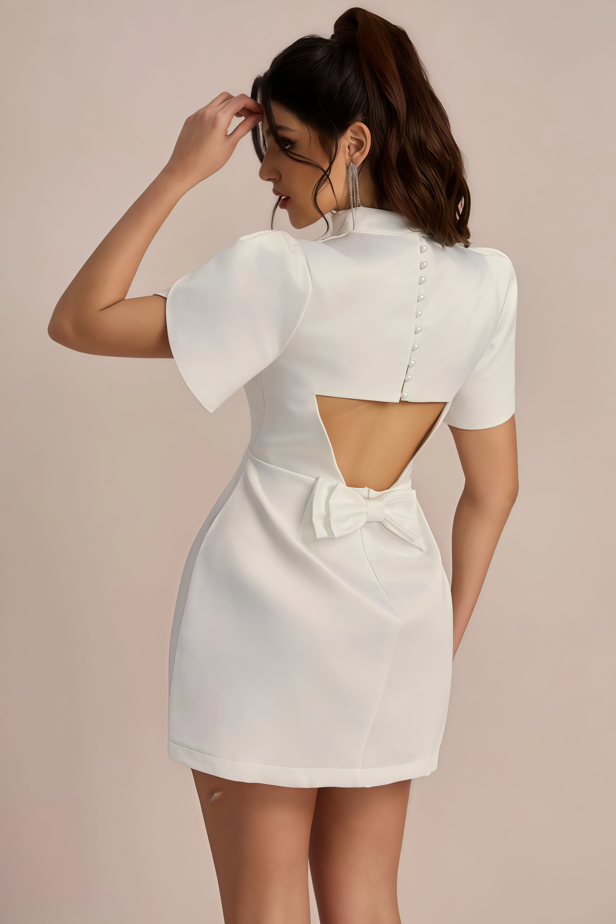 Silk White Cutout Bow Mini Dress