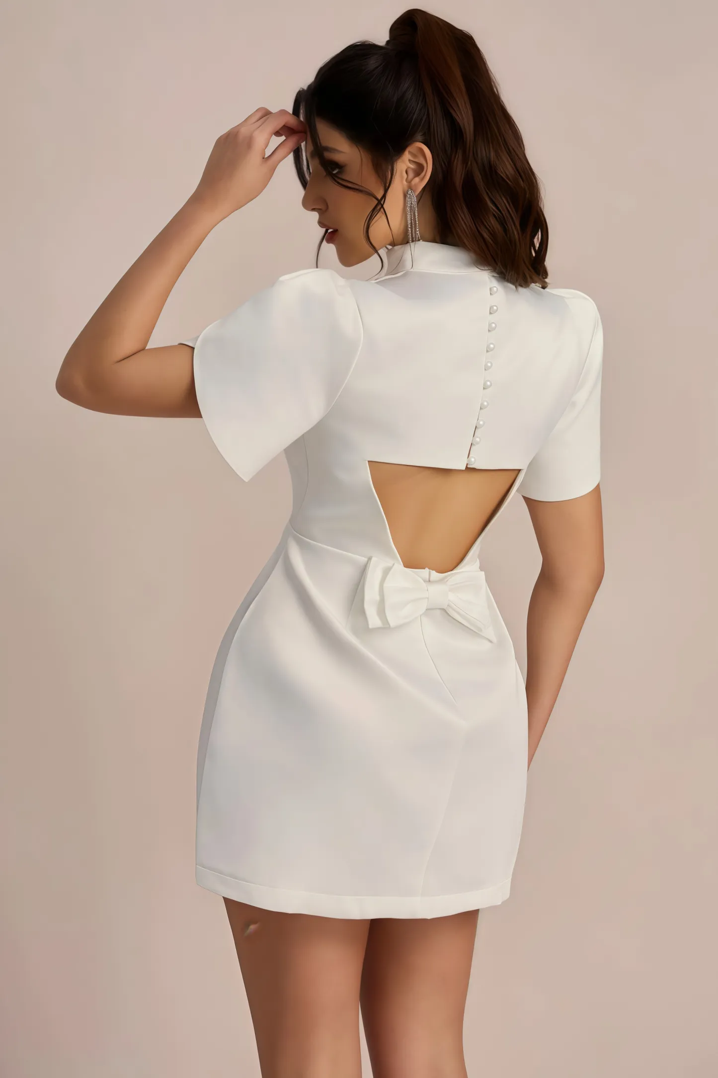 Silk White Cutout Bow Mini Dress