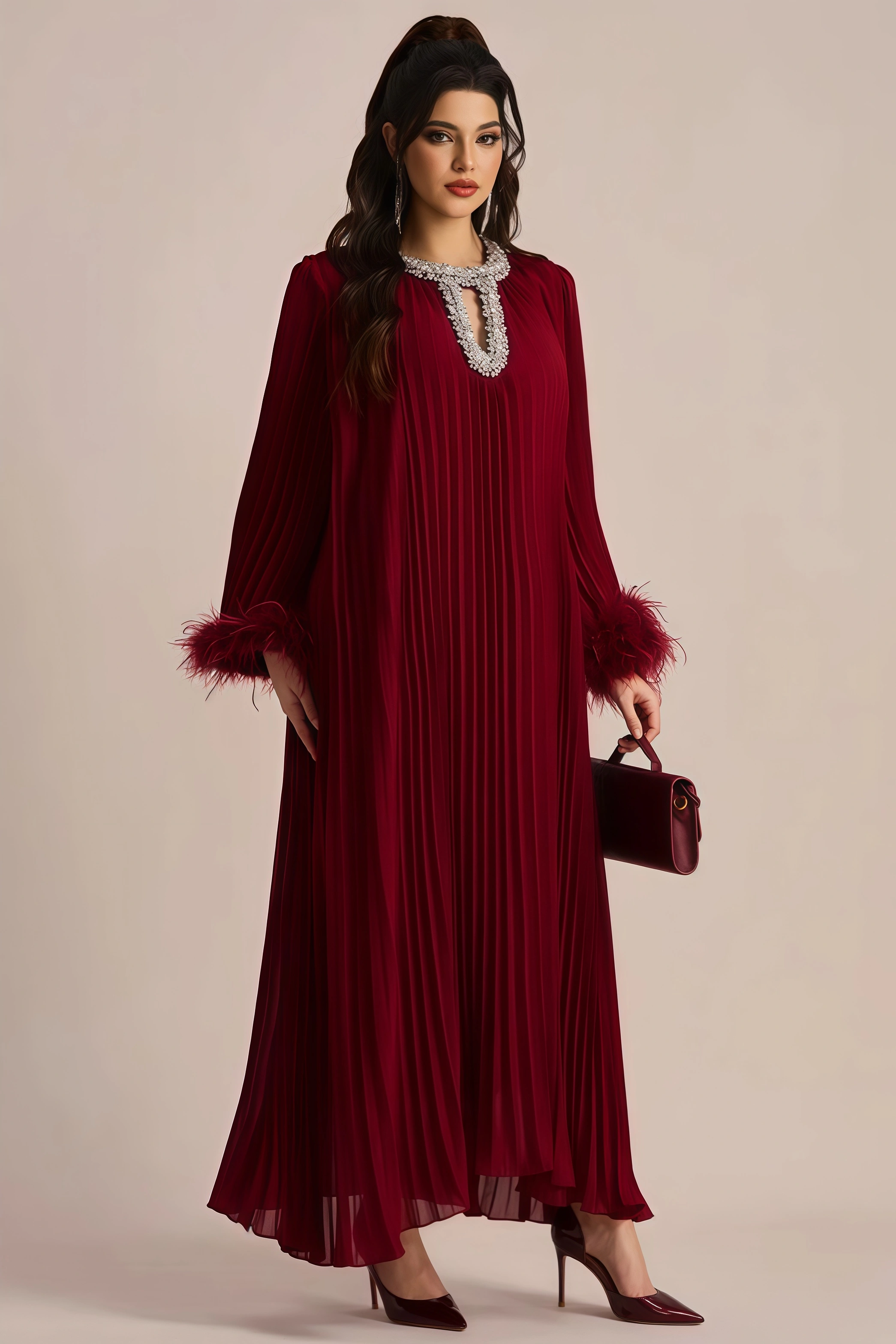Elza Red Feather Rhinestone Maxi Dress