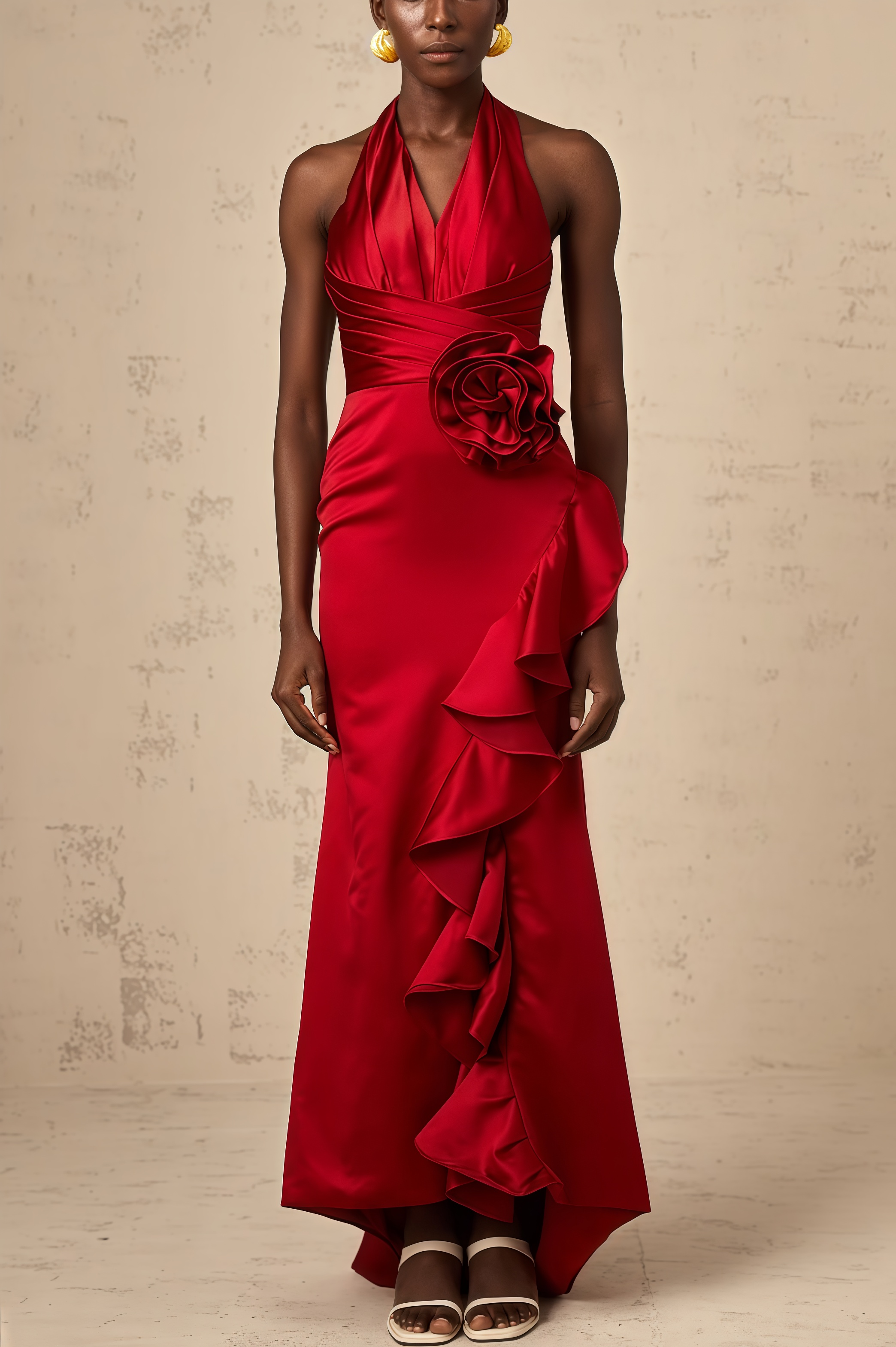 Caiusa Red 3D Floral Ruffle Maxi Dress