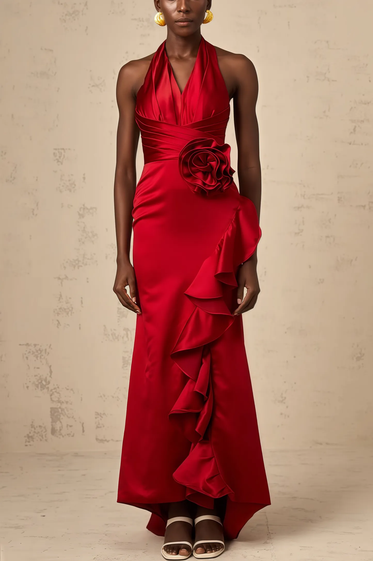 Caiusa Red 3D Floral Ruffle Maxi Dress