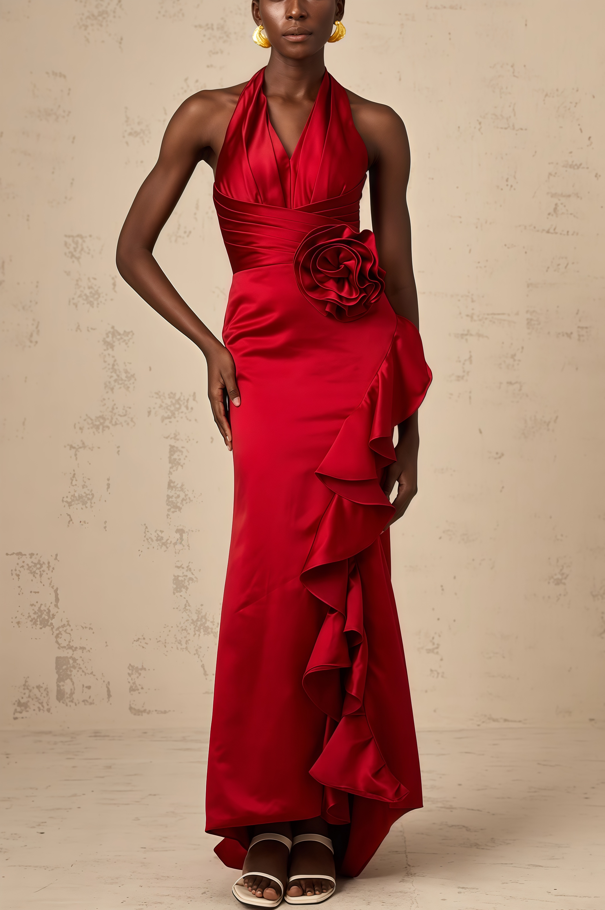 Caiusa Red 3D Floral Ruffle Maxi Dress